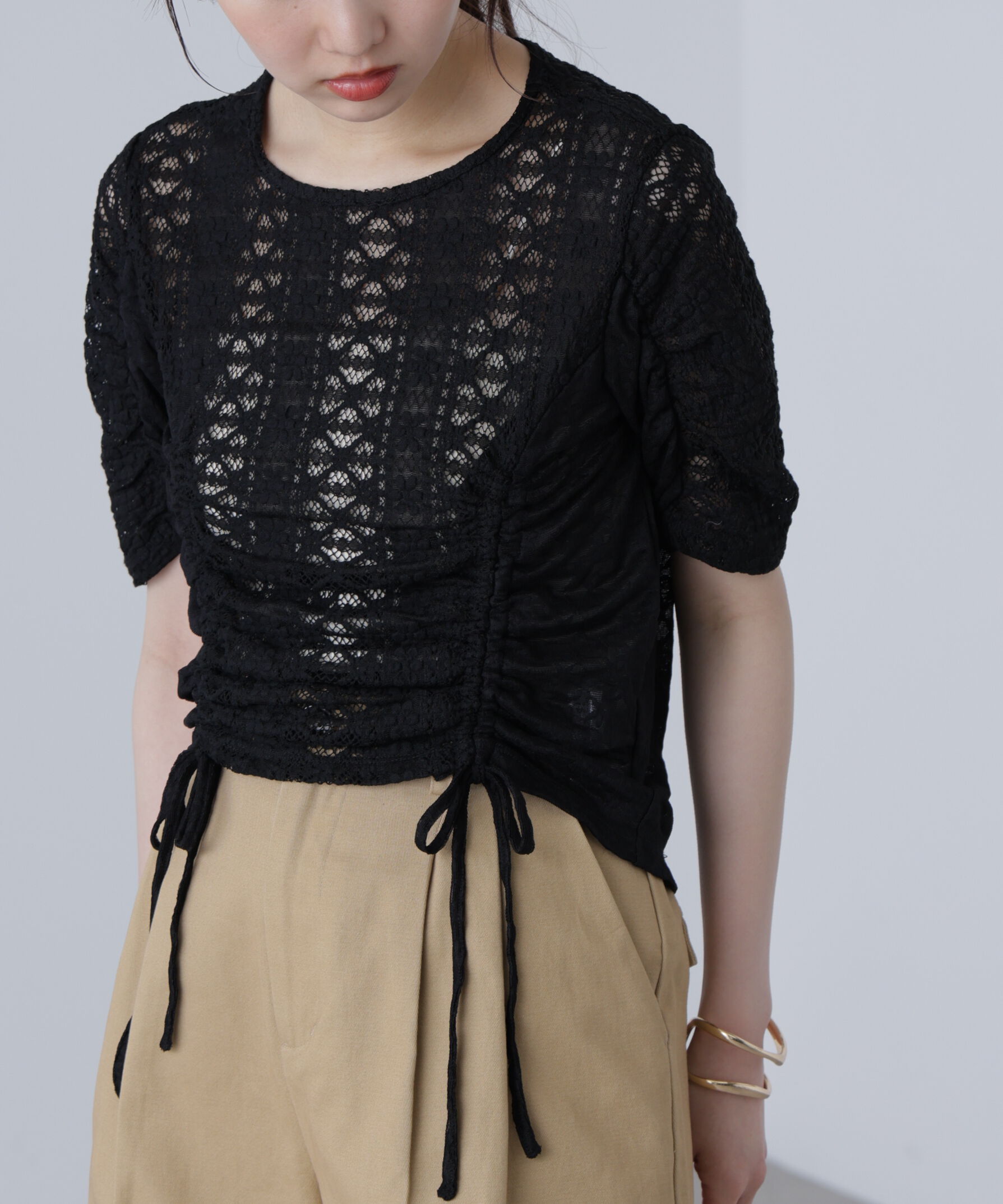  「ストレッチレースドロストトップス」|シャツ・ブラウス|