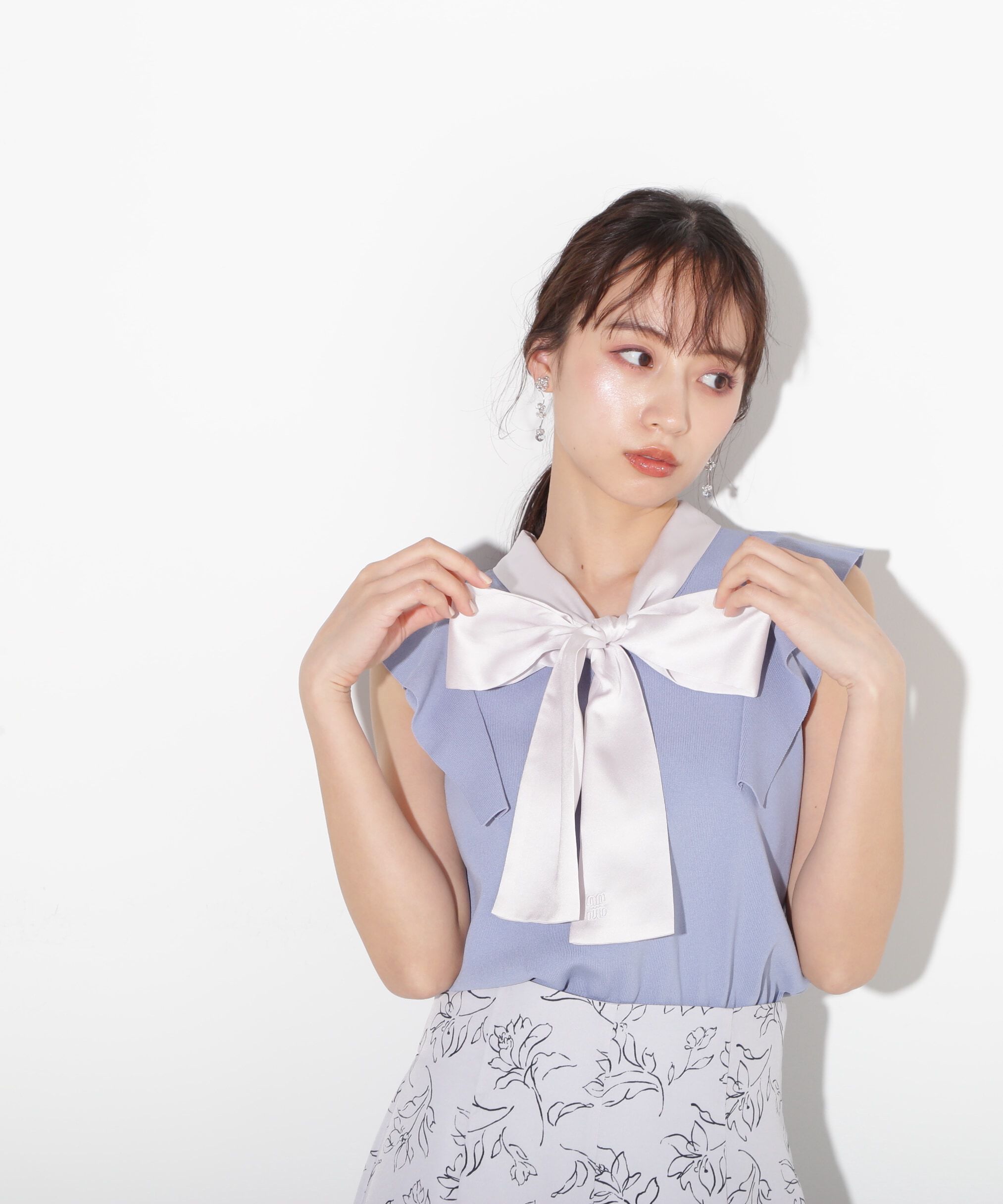  「サテンボウタイニットトップス」|ニット・セーター|ブルー