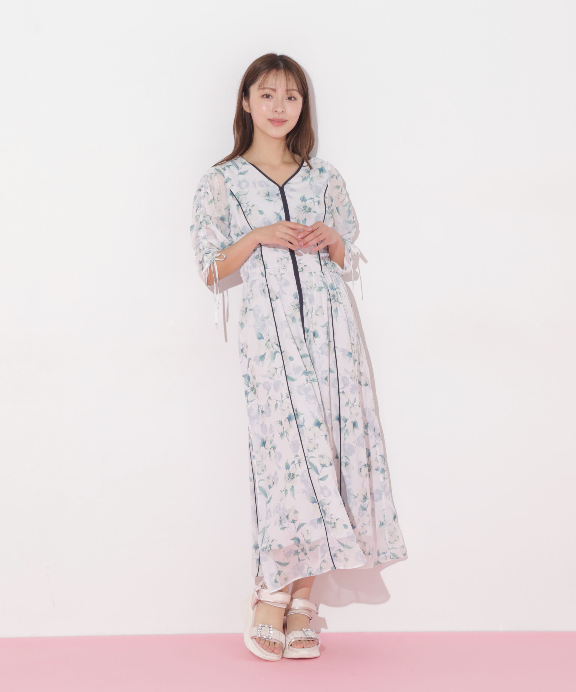  「フラワープリントバイカラーワンピース」|ワンピース|