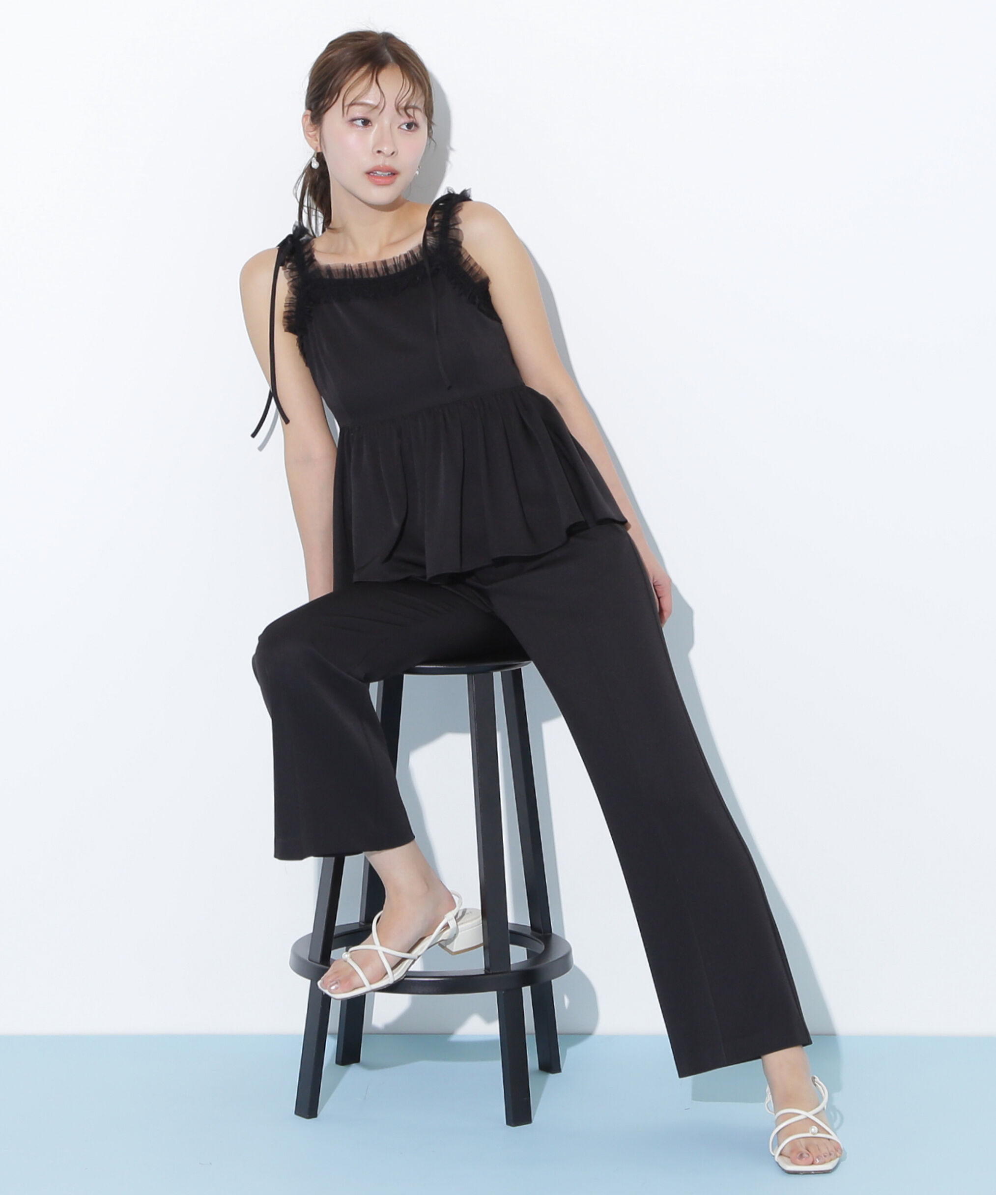  「ペプラムキャミフレアパンツセットアップ」|ワンピース|ブラック