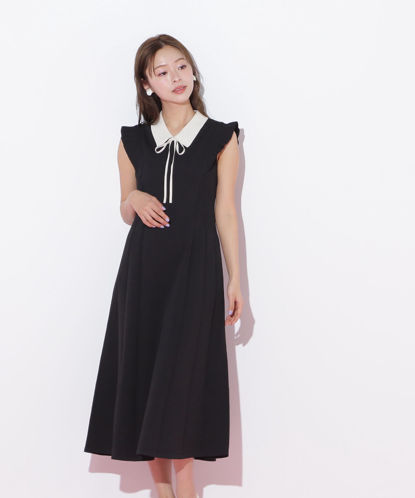  「コルセットリブ襟付きニットワンピース」|ワンピース|