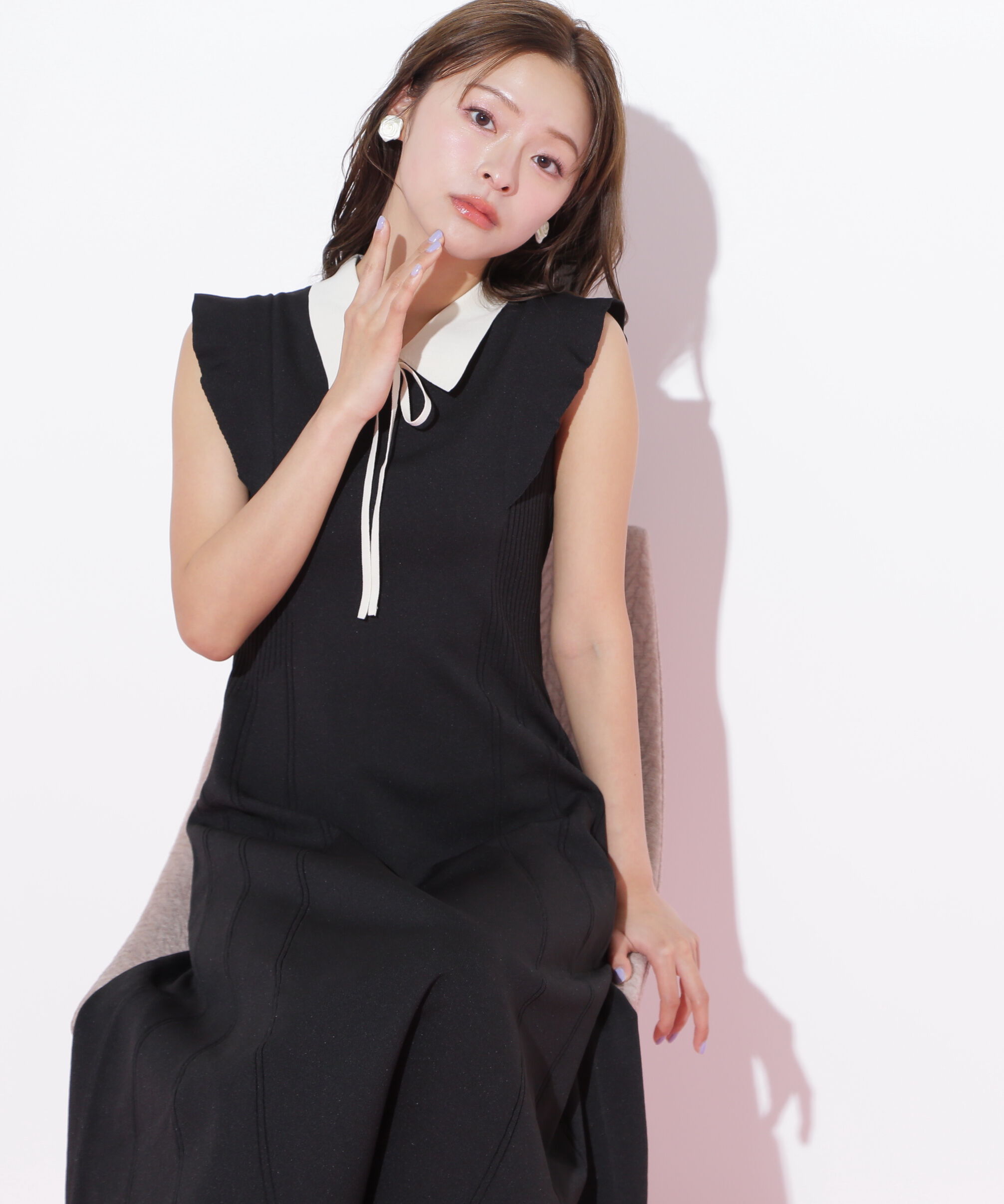  「コルセットリブ襟付きニットワンピース」|ワンピース|