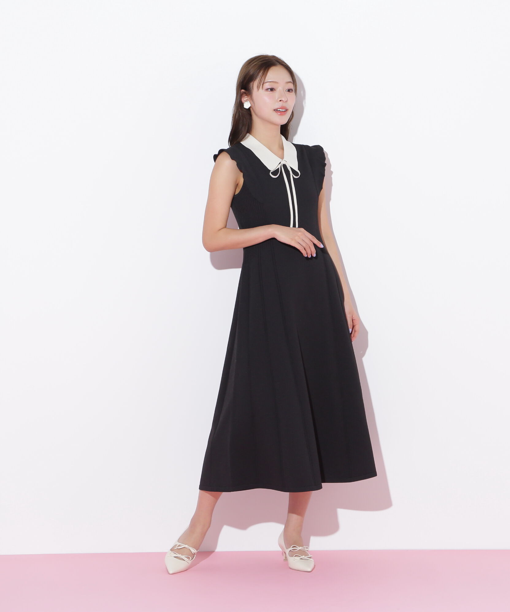  「コルセットリブ襟付きニットワンピース」|ワンピース|