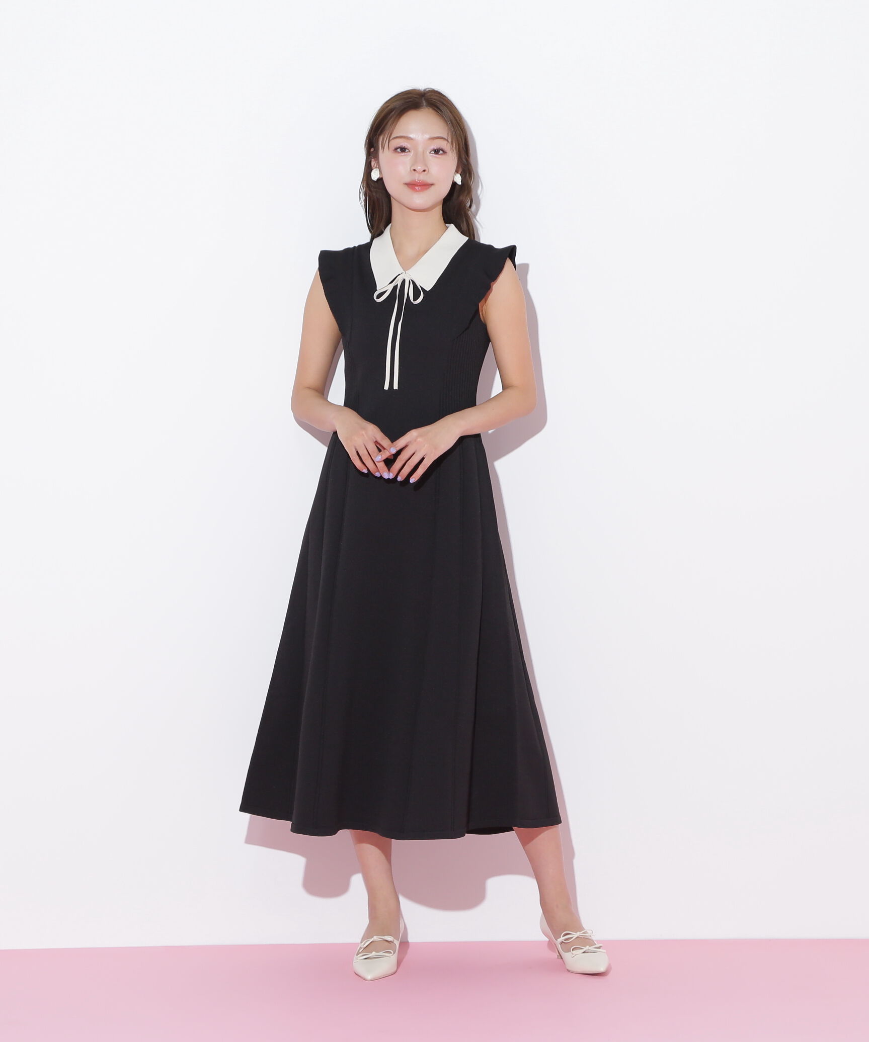  「コルセットリブ襟付きニットワンピース」|ワンピース|