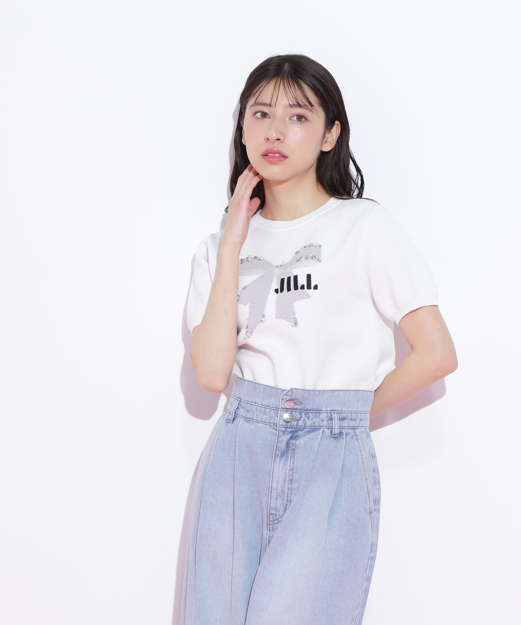  「リボンジャガードビジューニットトップス」|ニット・セーター|