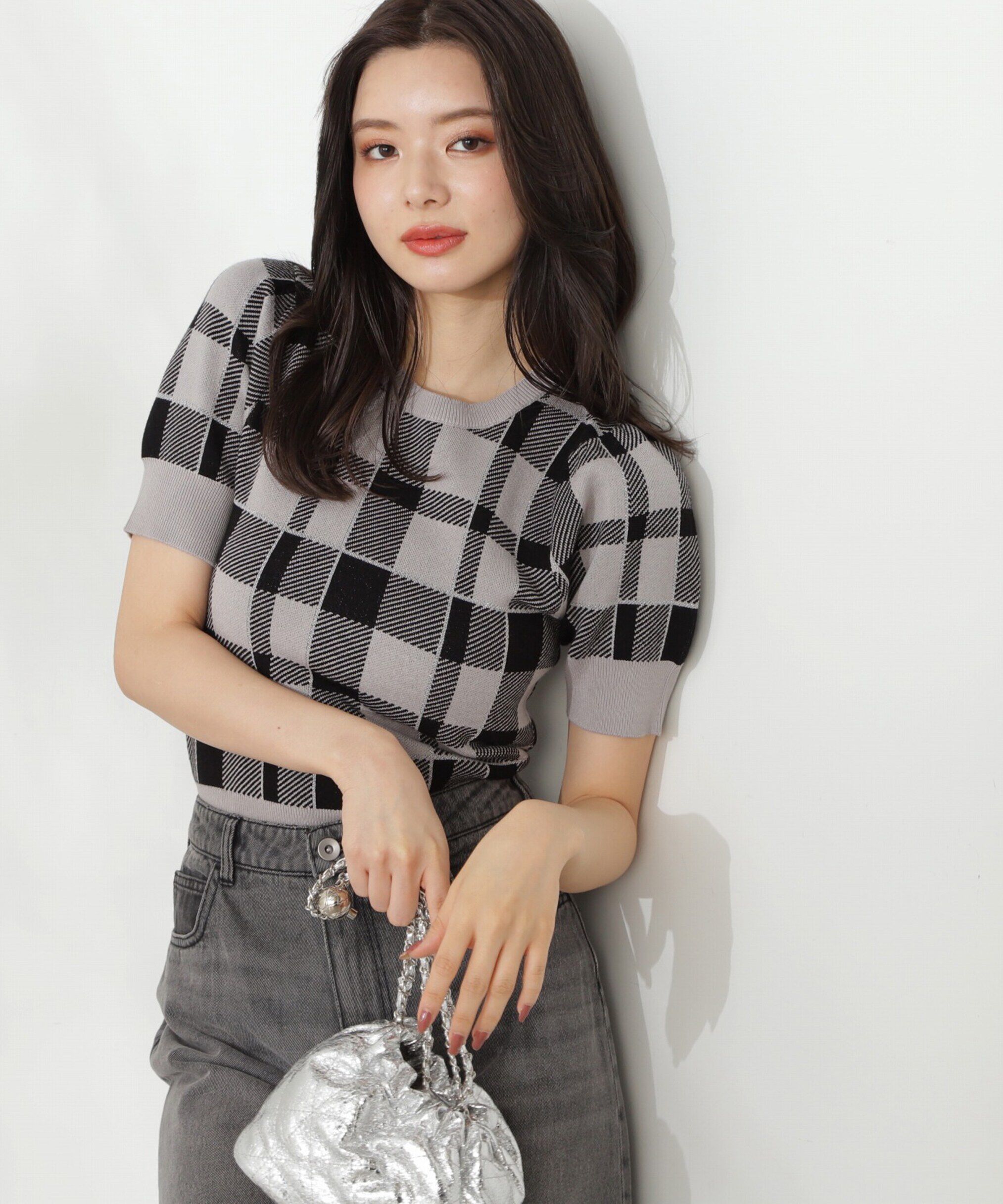 PROPORTION BODY DRESSING「ラメチェックニット」|ニット・セーター|グレー