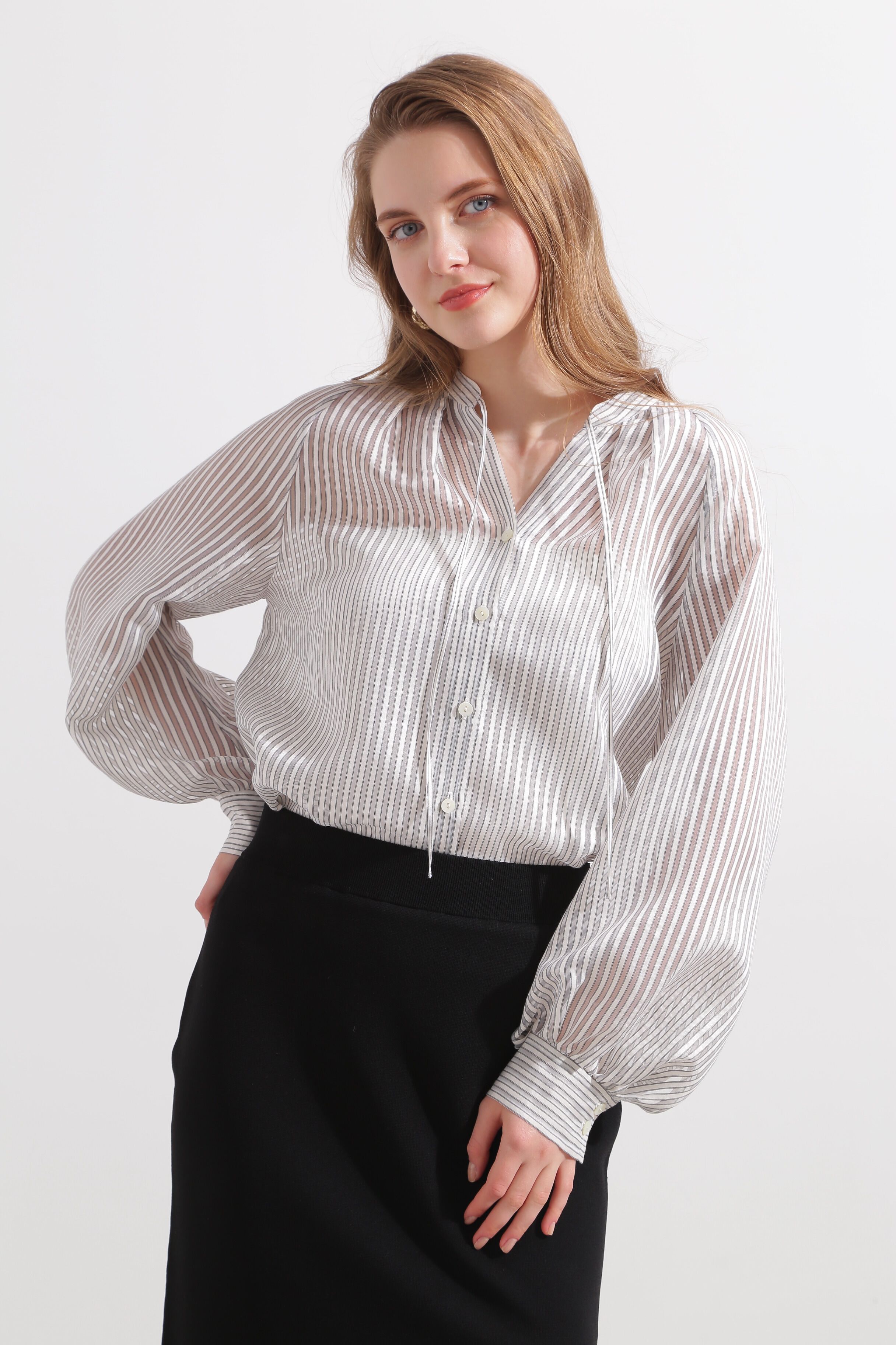  「◆シアーストライプギャザーブラウス」|シャツ・ブラウス|