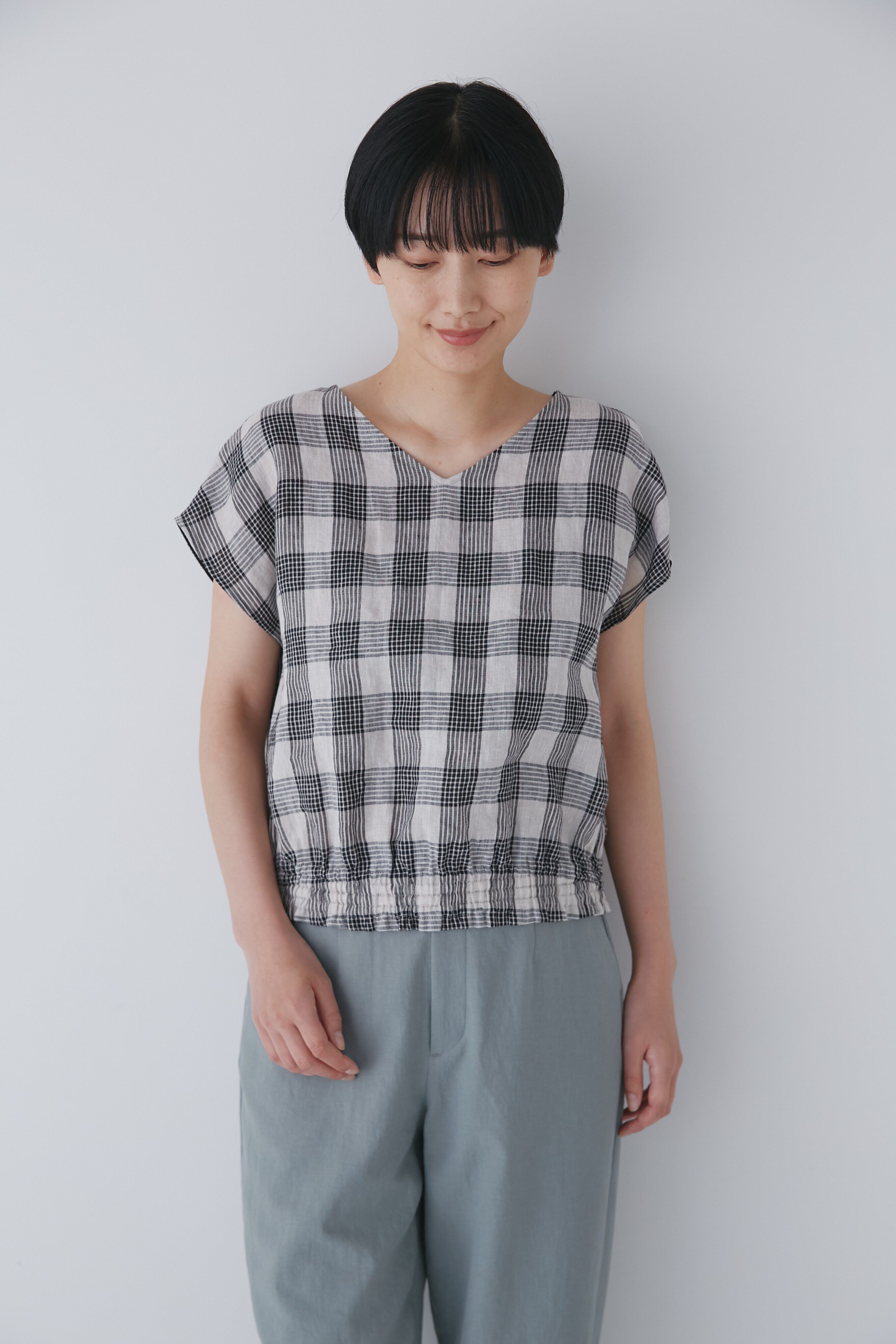  「◆麻チェックプルオーバーブラウス」|シャツ・ブラウス|