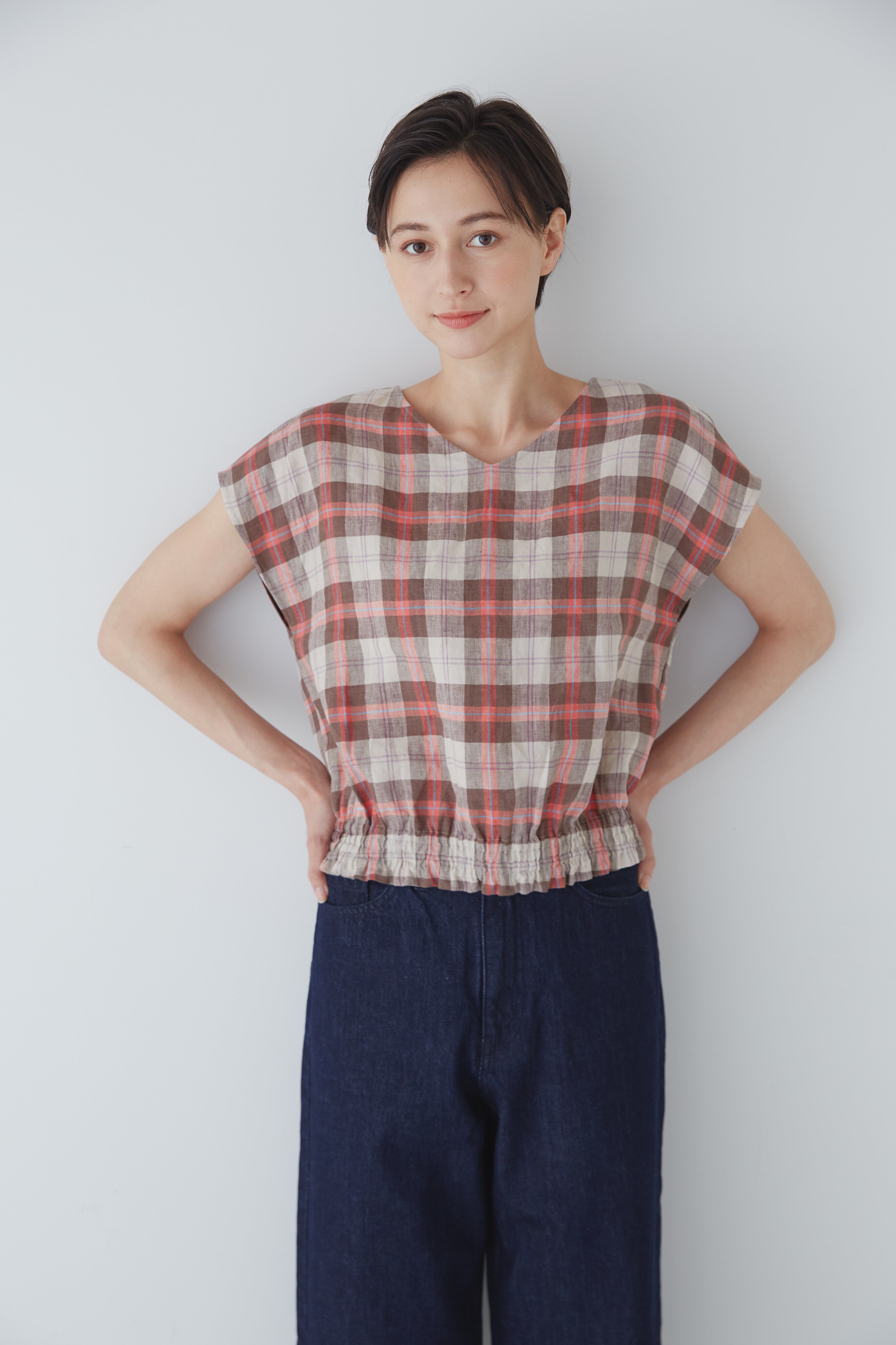  「◆麻チェックプルオーバーブラウス」|シャツ・ブラウス|