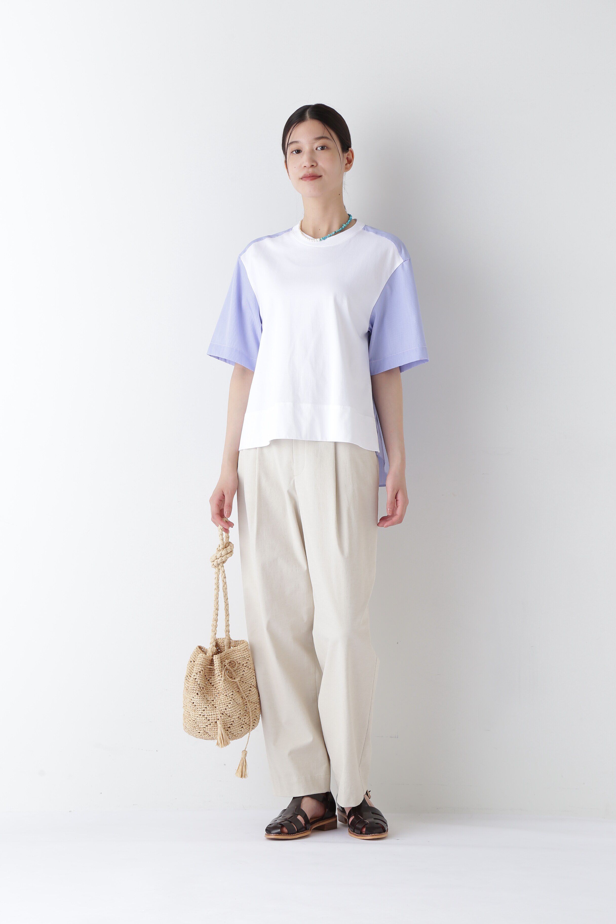  「◆ストライプ布帛コンビＴシャツ」|Tシャツ・カットソー|