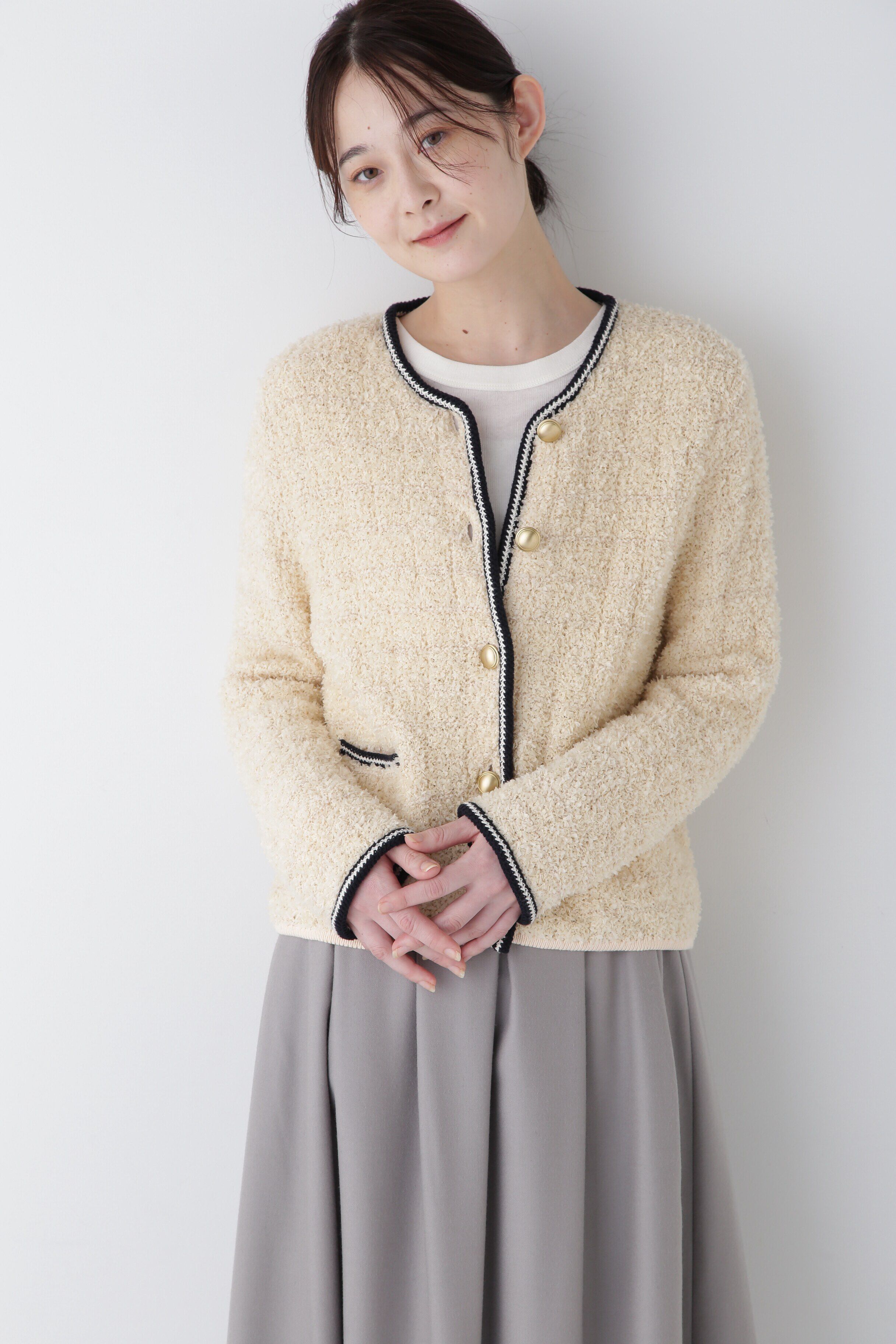  「◆花モールニットツイードジャケット」|ニット・セーター|ベージュ