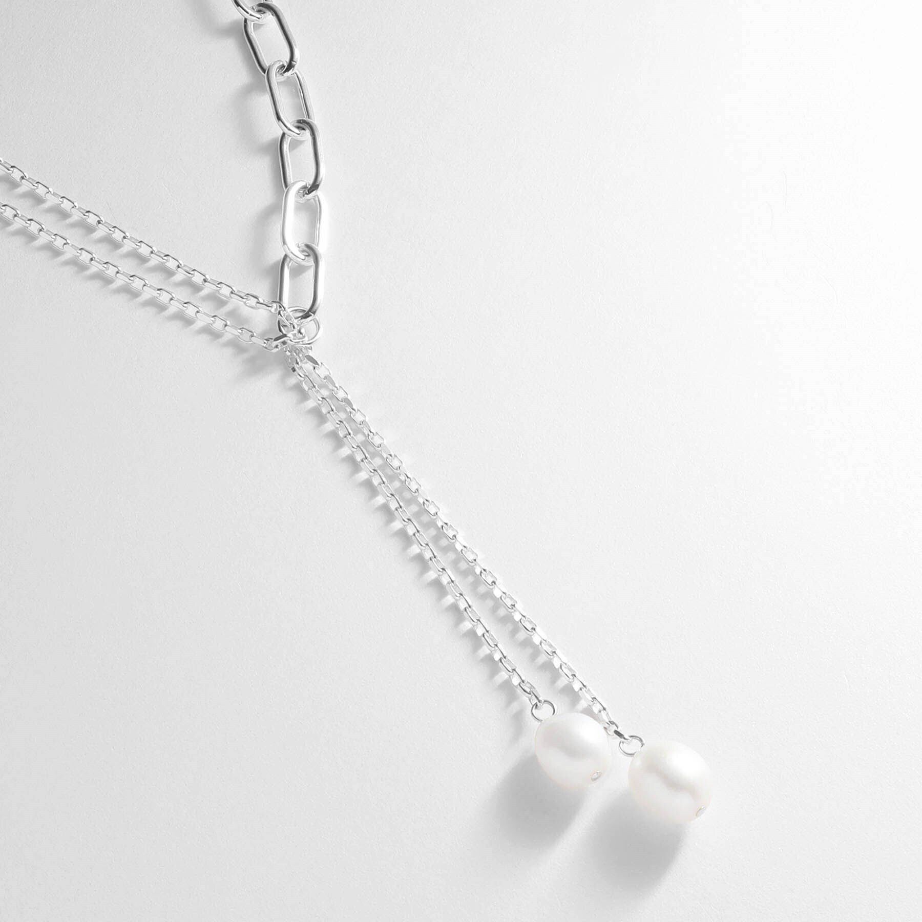 COCOSHNIK ONKITSCH「シルバー バロックパール ミックスチェーン ダブルドロップ ネックレス」|ネックレス|