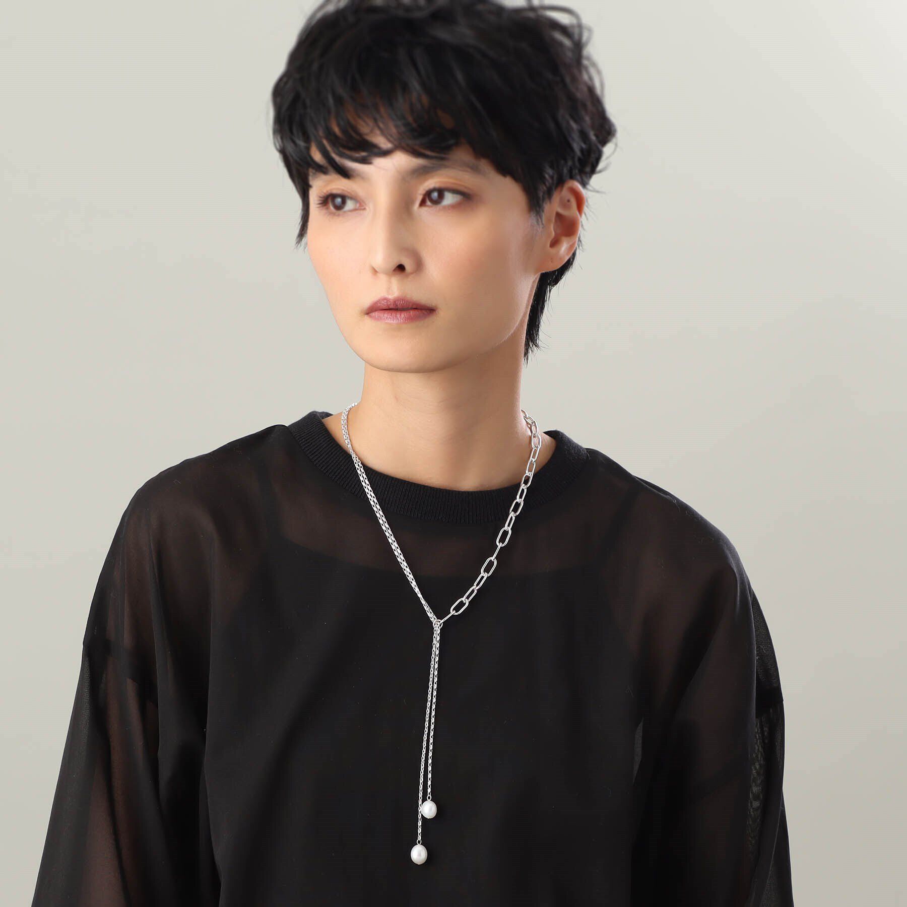 COCOSHNIK ONKITSCH「シルバー バロックパール ミックスチェーン ダブルドロップ ネックレス」|ネックレス|