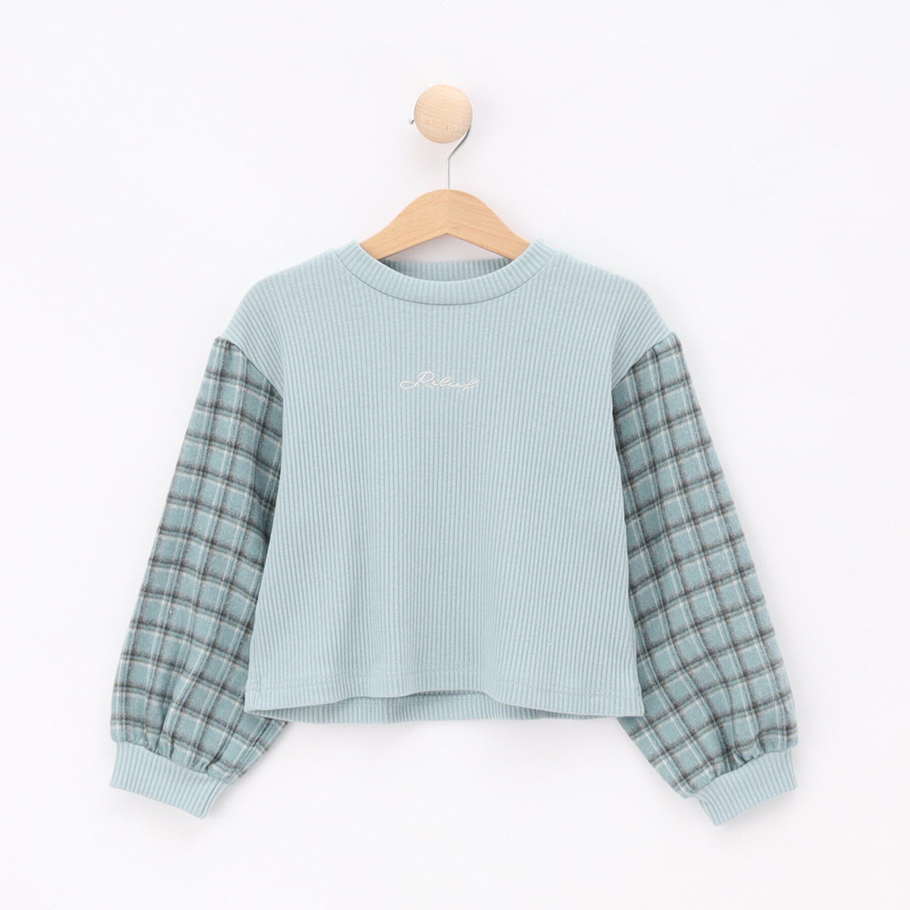 SHOO･LA･RUE「【110-140cm/セットアップ可】袖チェックドッキングトップス」|Tシャツ・カットソー|サックスブルー(29