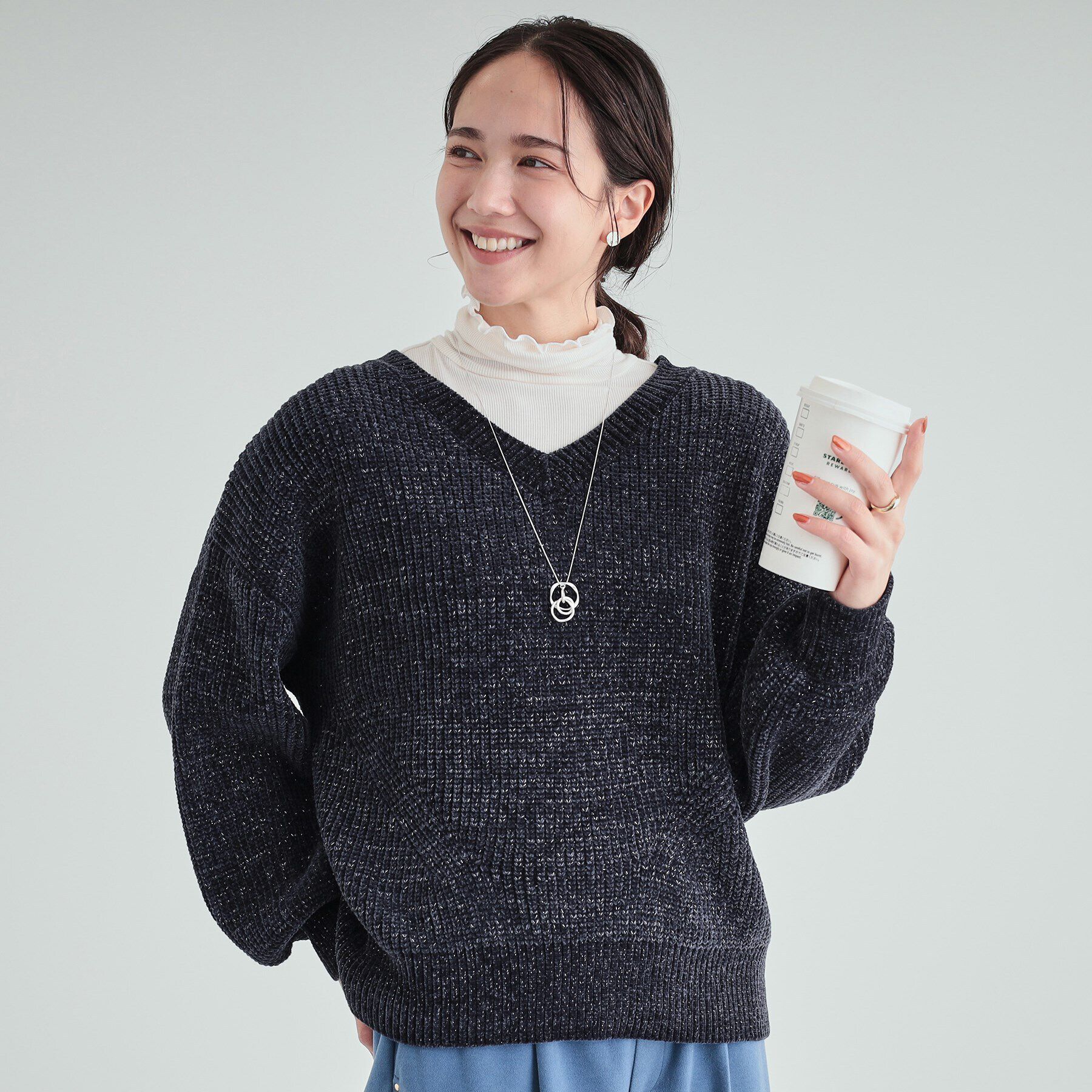 SHOO･LA･RUE「【S-LL/前後2WAY】大人のゆるさが魅力 ベロア風ラメモールニット」|ニット・セーター|ネイビー(094)