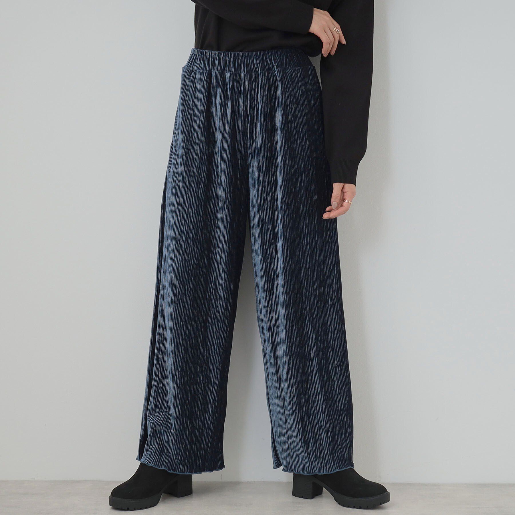 SHOO･LA･RUE「【S-LL】クラッシュベロア調 ランダムプリーツ イージーパンツ」|その他|ブルー(093)