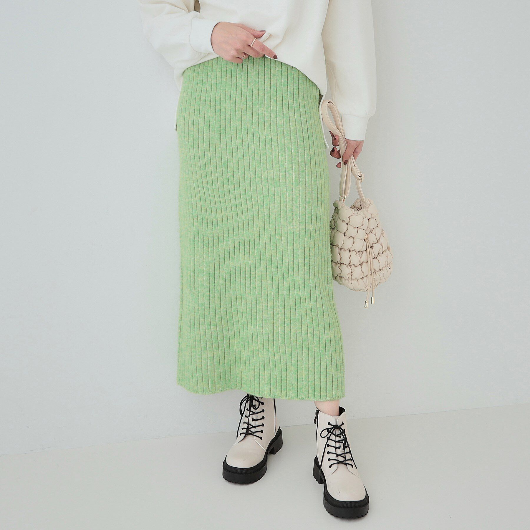SHOO･LA･RUE「【セットアップ可】リブ編みの縦ラインですっきり見え ニットナロースカート」|スカート|グリーン(025)