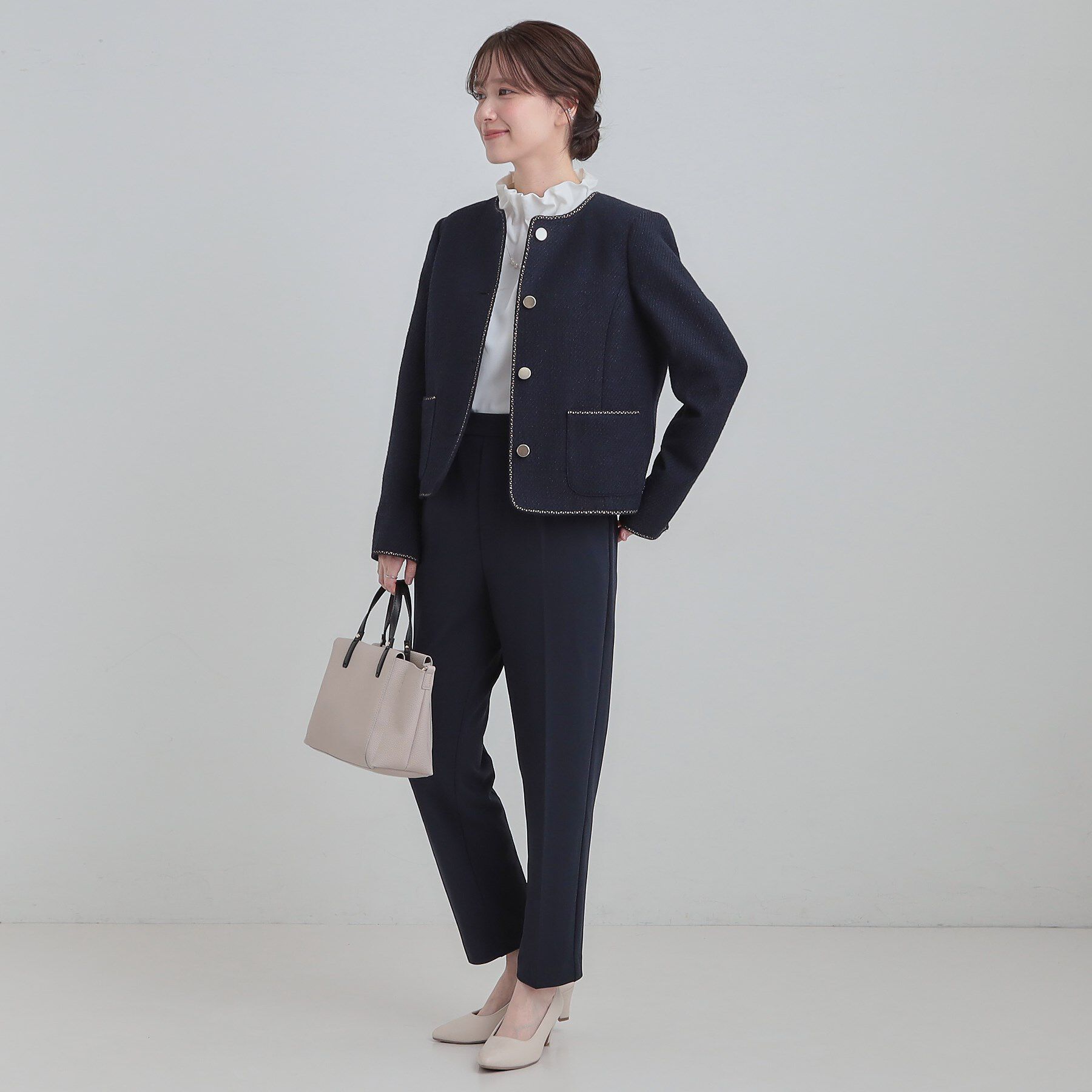 SHOO･LA･RUE「柔らかく軽い ライトツイードジャケット」|ノーカラージャケット|