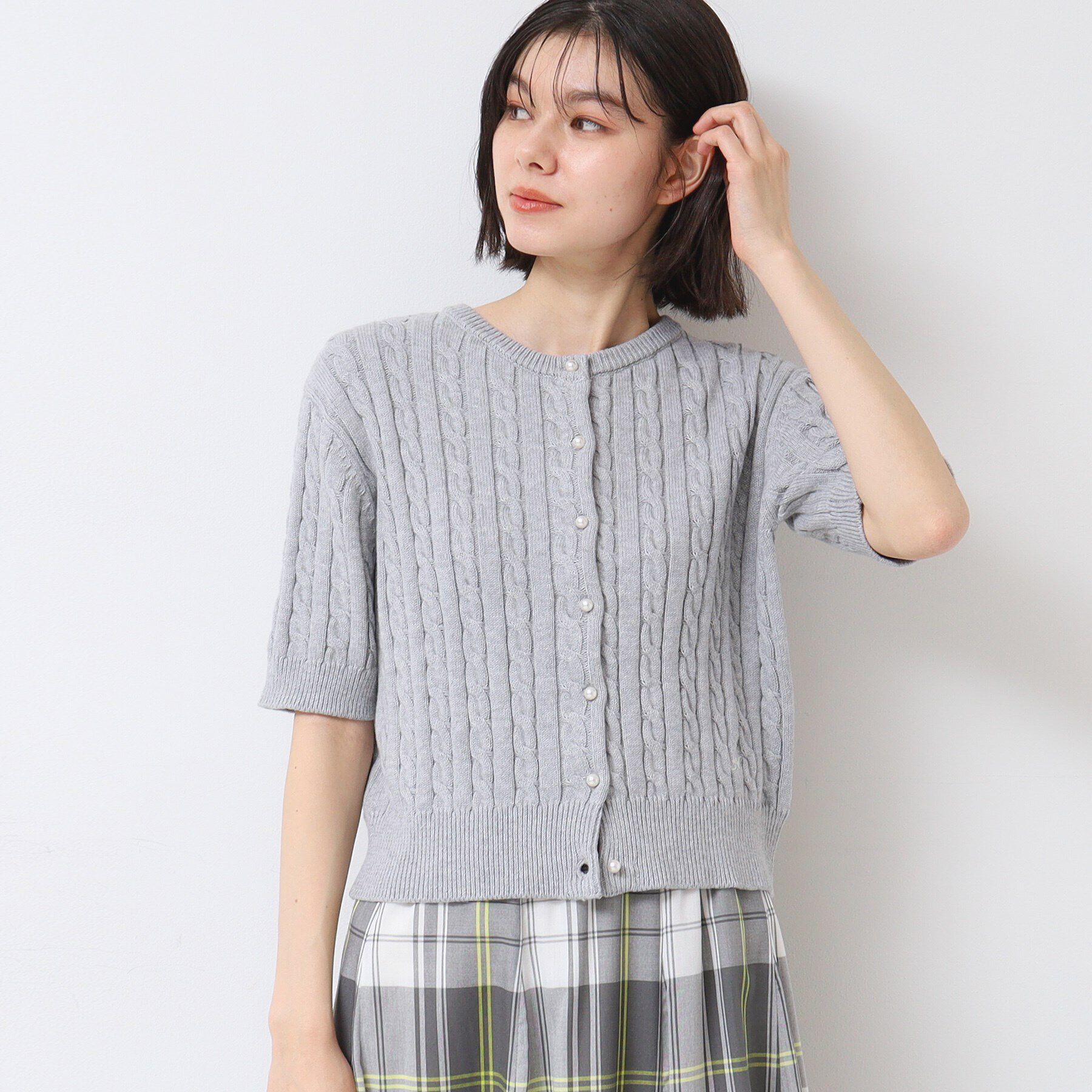 Dessin「【洗える】半袖ケーブルニットコットンカーディガン」|カーディガン|グレー(012)