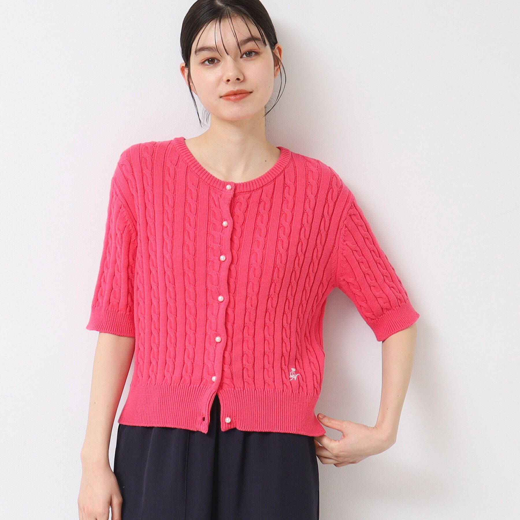 Dessin「【洗える】半袖ケーブルニットコットンカーディガン」|カーディガン|ピンク(072)