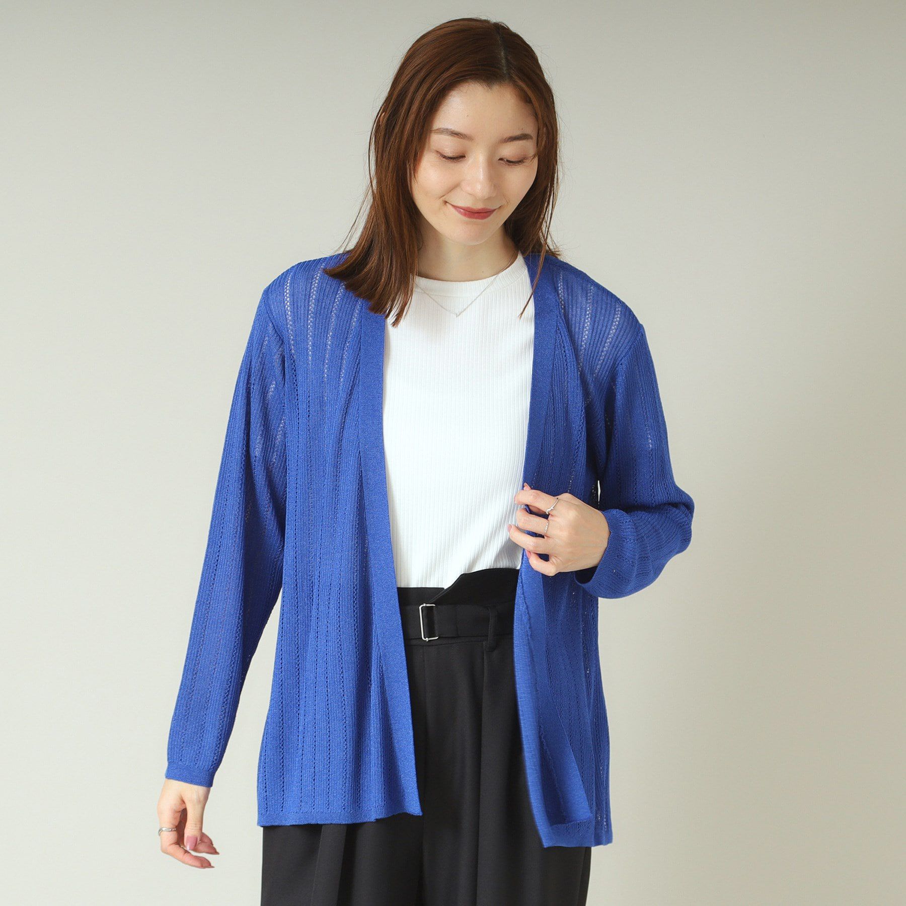 ITS&rsquo;DEMO「【手洗い可】透かし編み着流しカーデ」|カーディガン|ブルー(093)