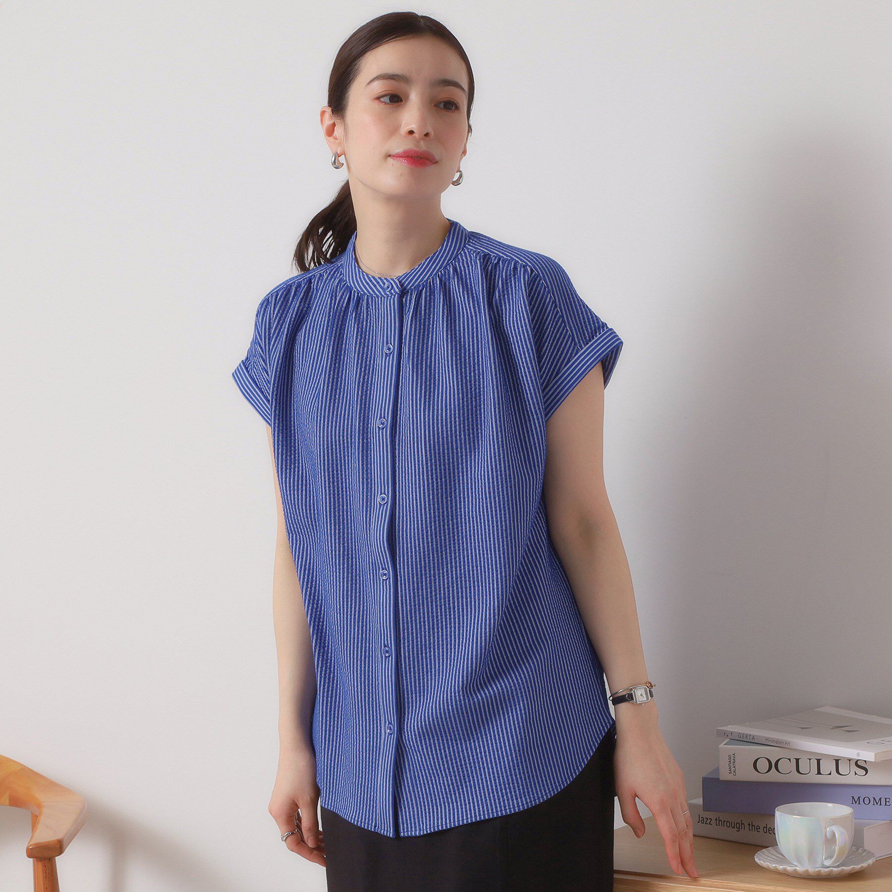 ITS&rsquo;DEMO「【洗濯機OK／洗濯後しわになりにくい】カットサッカー前開きプルオーバー」|シャツ・ブラウス|ネイビー(094)