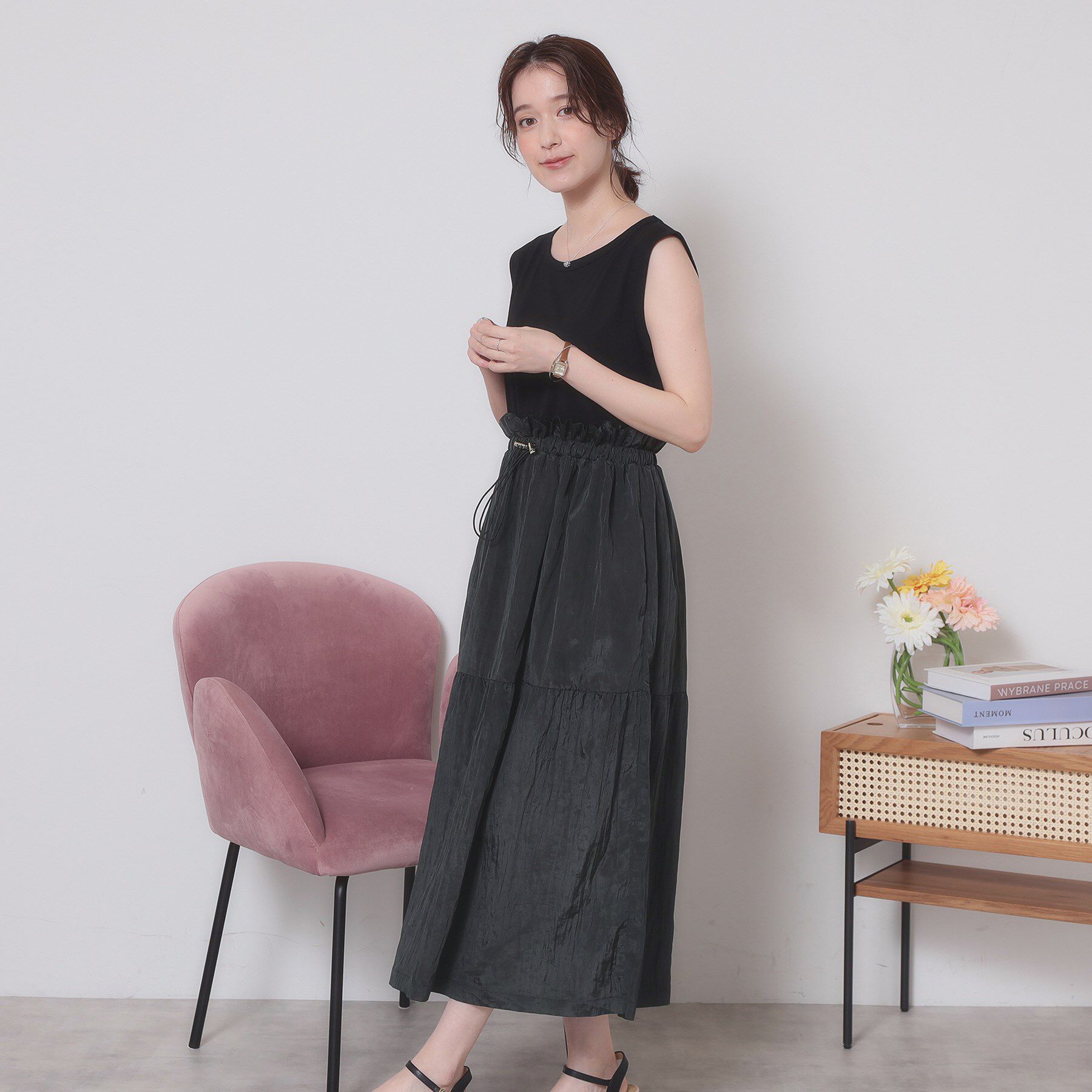 ITS&rsquo;DEMO「【ウエストゴム／洗濯機OK】異素材コンビワンピース」|ワンピース|ブラック(019)