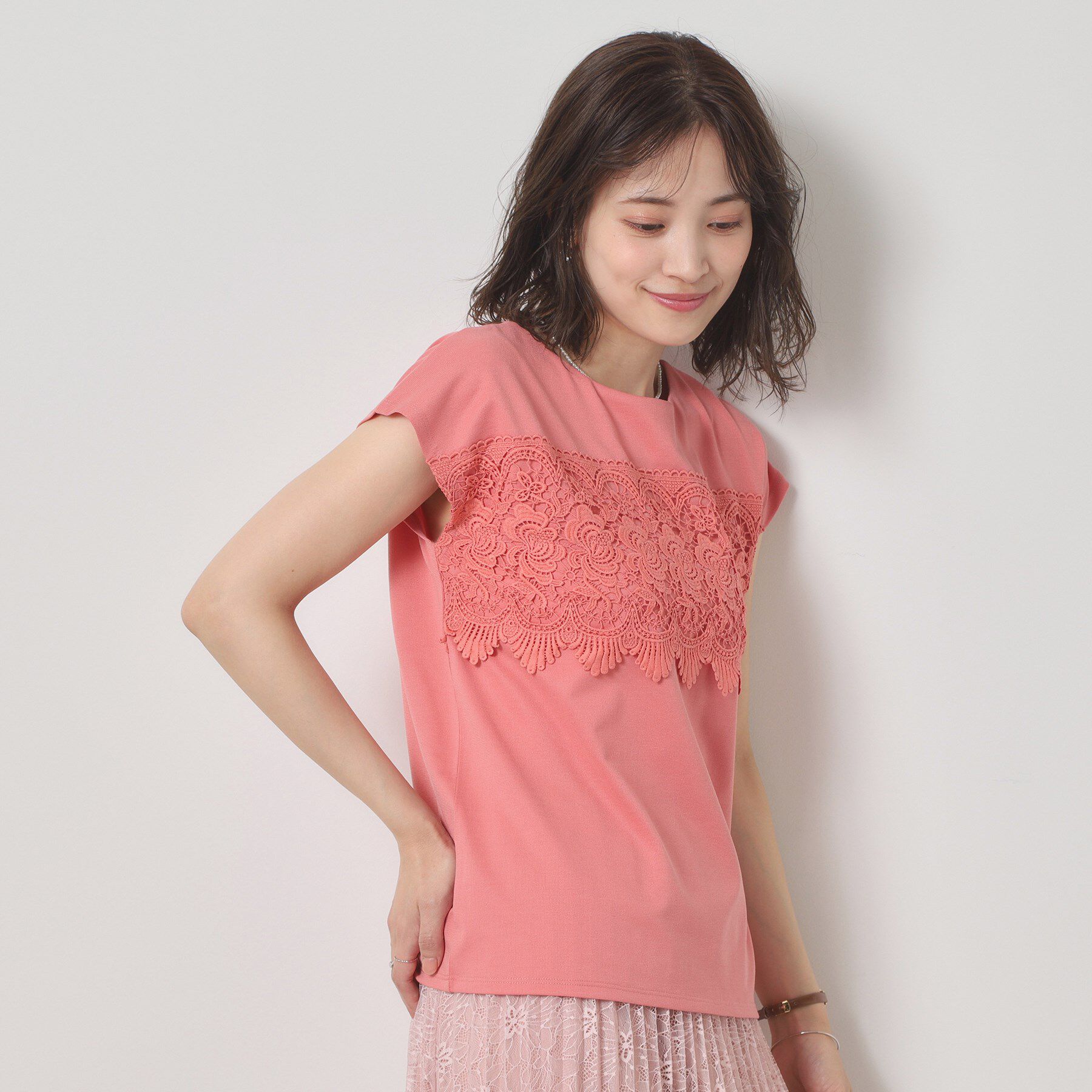 ITS&rsquo;DEMO「【吸水速乾／手洗い可／洗濯後しわになりにくい】カットミラノフロントレーストップス」|Tシャツ・カットソー|ピンク(071)