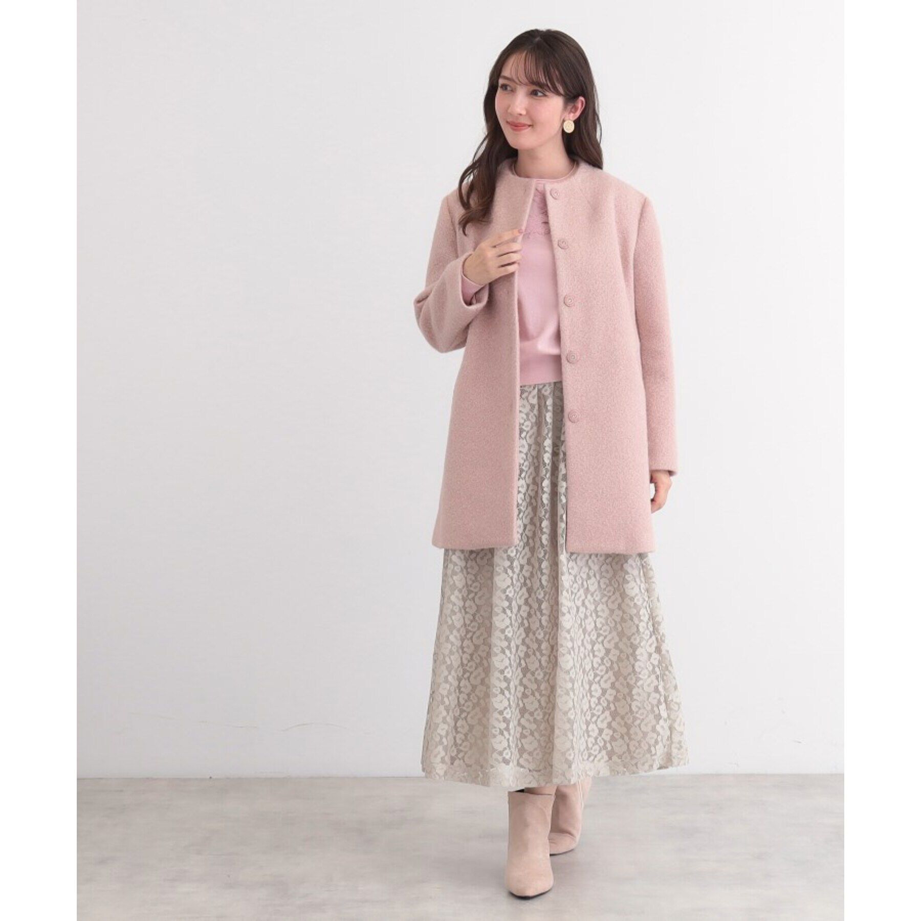 SunaUna「【S～Lサイズ展開/レース付ポケット】ボトルネックコート」|ノーカラーコート|