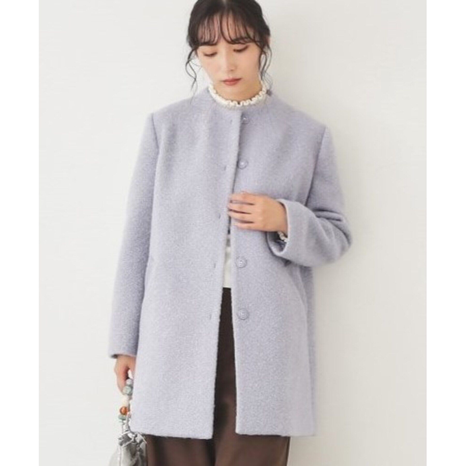 SunaUna「【S～Lサイズ展開/レース付ポケット】ボトルネックコート」|ノーカラーコート|ブルー(091)