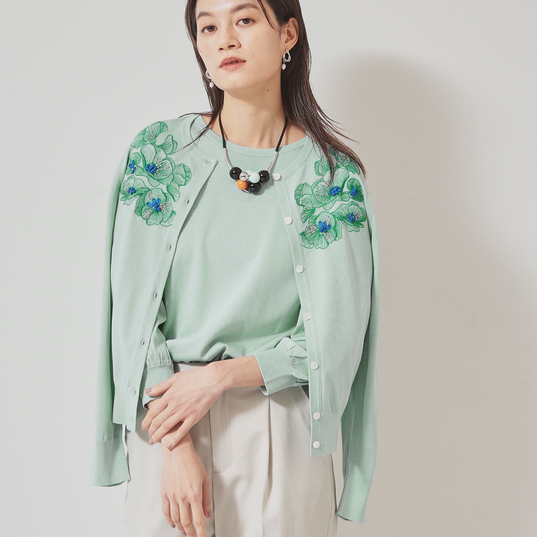 SunaUna「【SS～Lサイズ展開／リボン＆ビーズ刺繍】クラフトニットカーディガン」|カーディガン|ライトグリーン(02