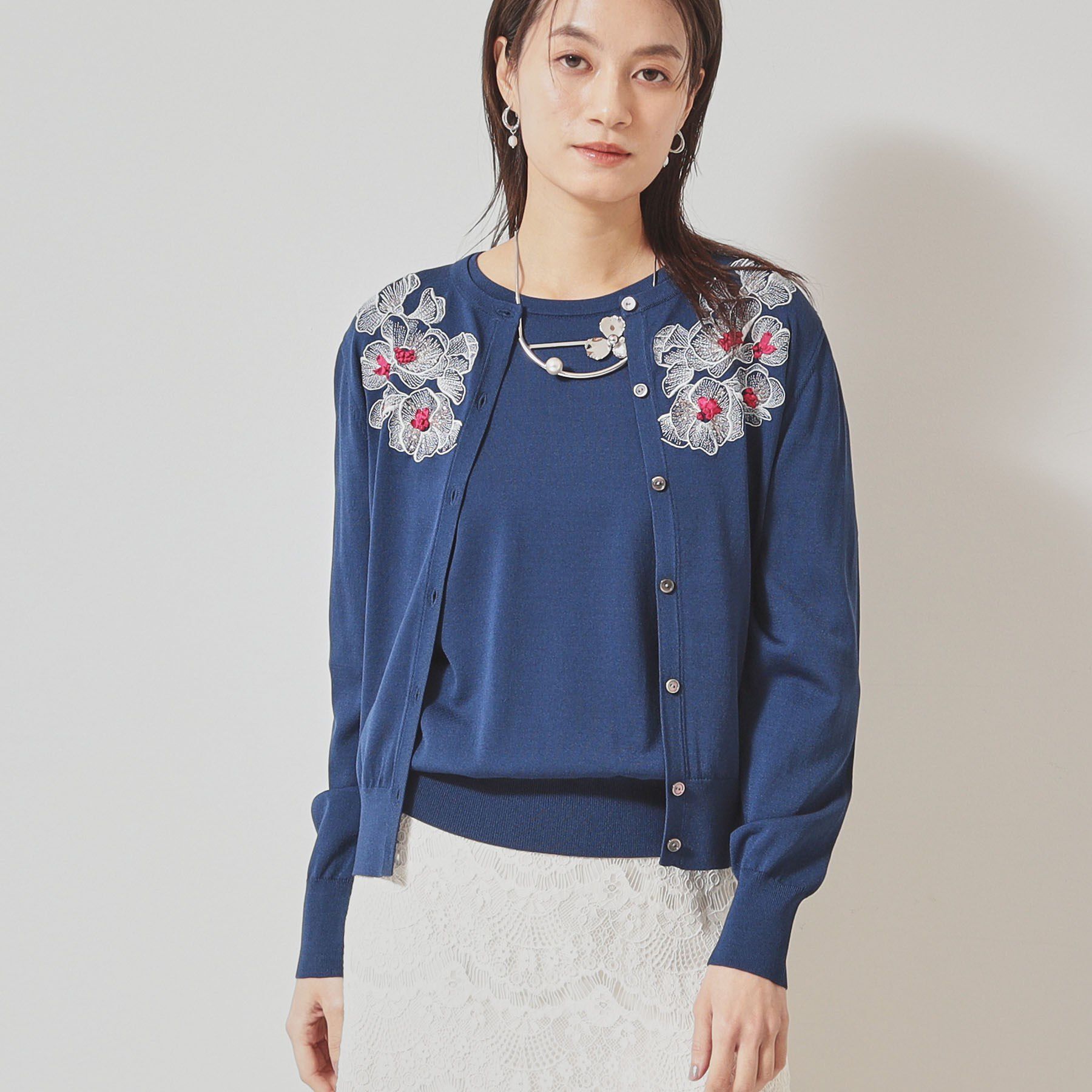 SunaUna「【SS～Lサイズ展開／リボン＆ビーズ刺繍】クラフトニットカーディガン」|カーディガン|ネイビー(094)