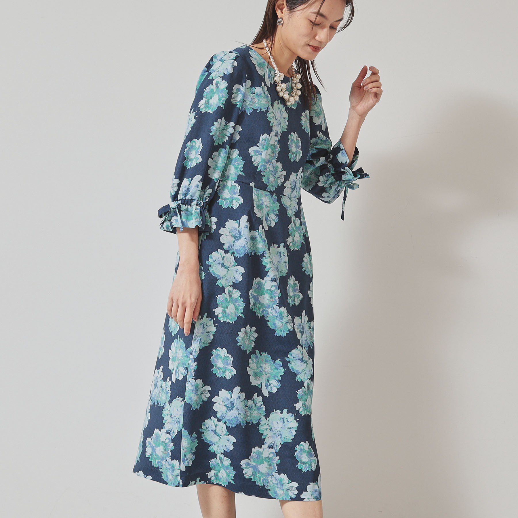 SunaUna「【＆yours project／袖リボン】フラワープリントワンピース」|ワンピース|ネイビー(194)