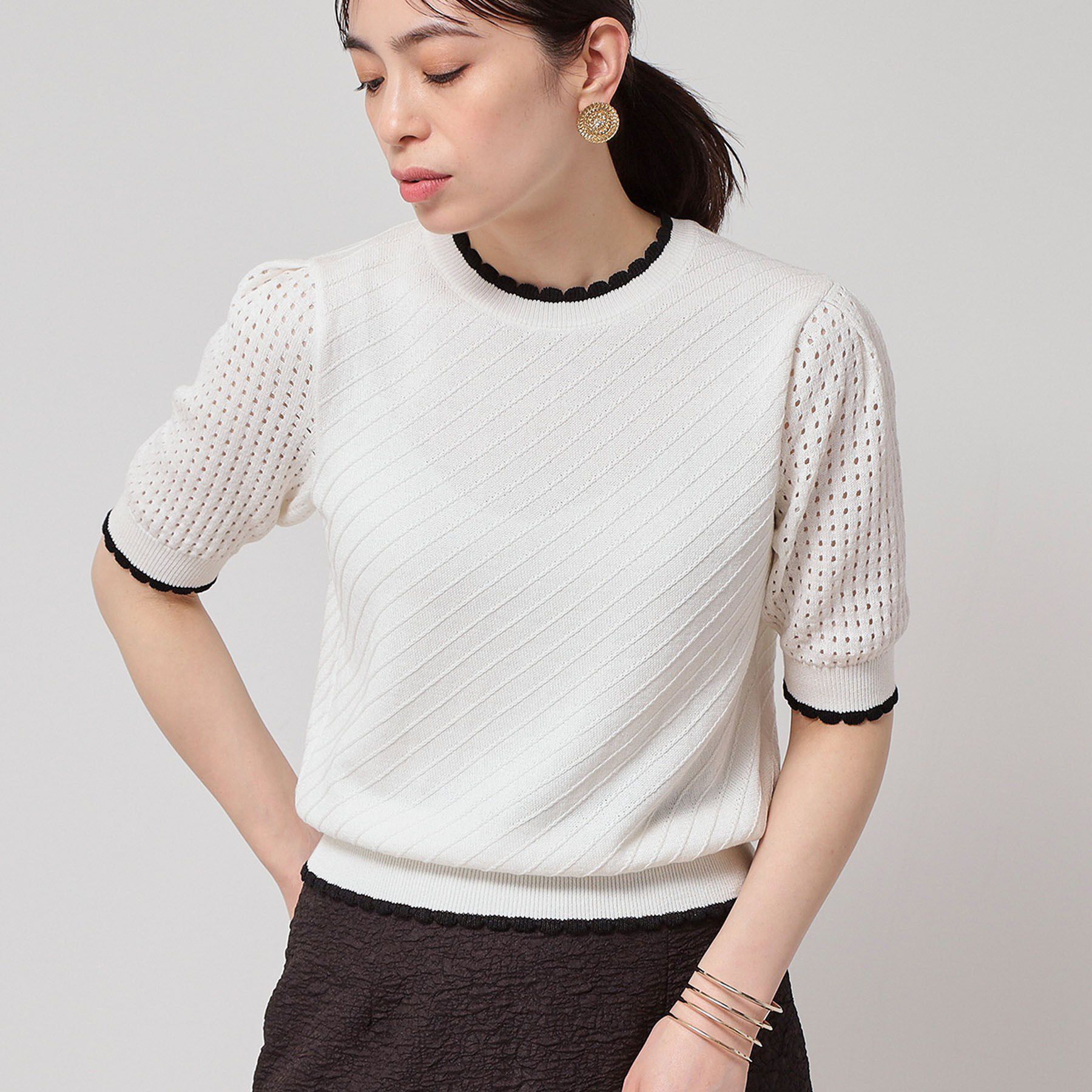 SunaUna「【SS～Lサイズ展開／5分袖】編地変化ニット」|ニット・セーター|ホワイト(501)