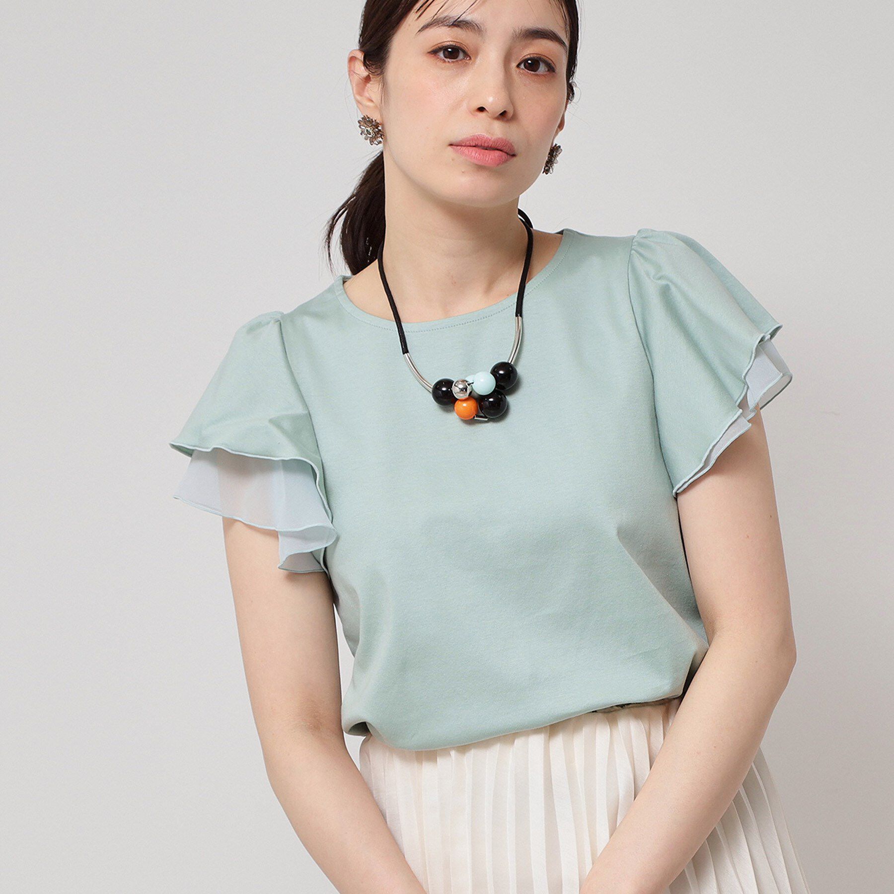 SunaUna「【接触冷感／S～Lサイズ展開】シフォン使いフレアスリーブカットソー」|Tシャツ・カットソー|