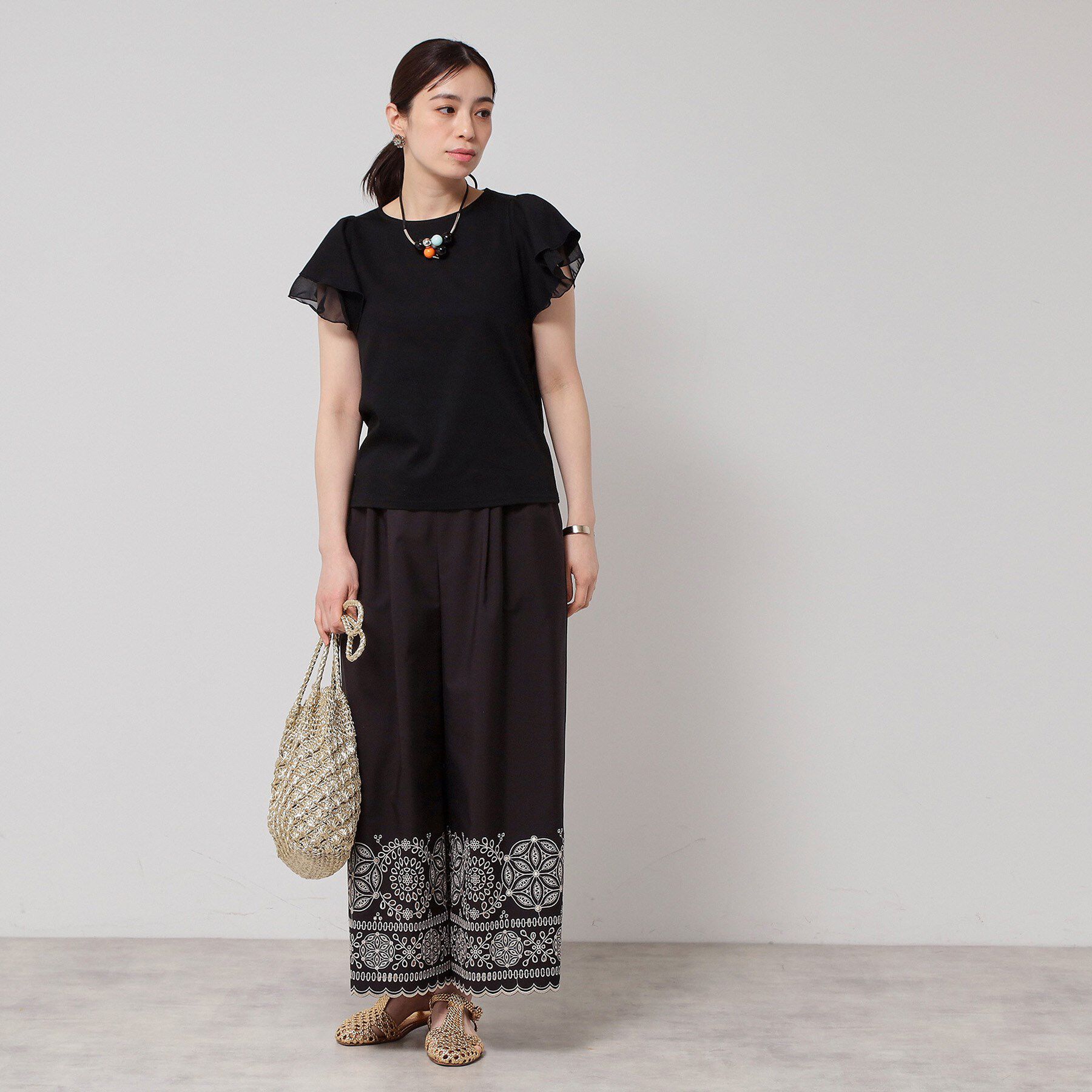 SunaUna「【接触冷感／S～Lサイズ展開】シフォン使いフレアスリーブカットソー」|Tシャツ・カットソー|