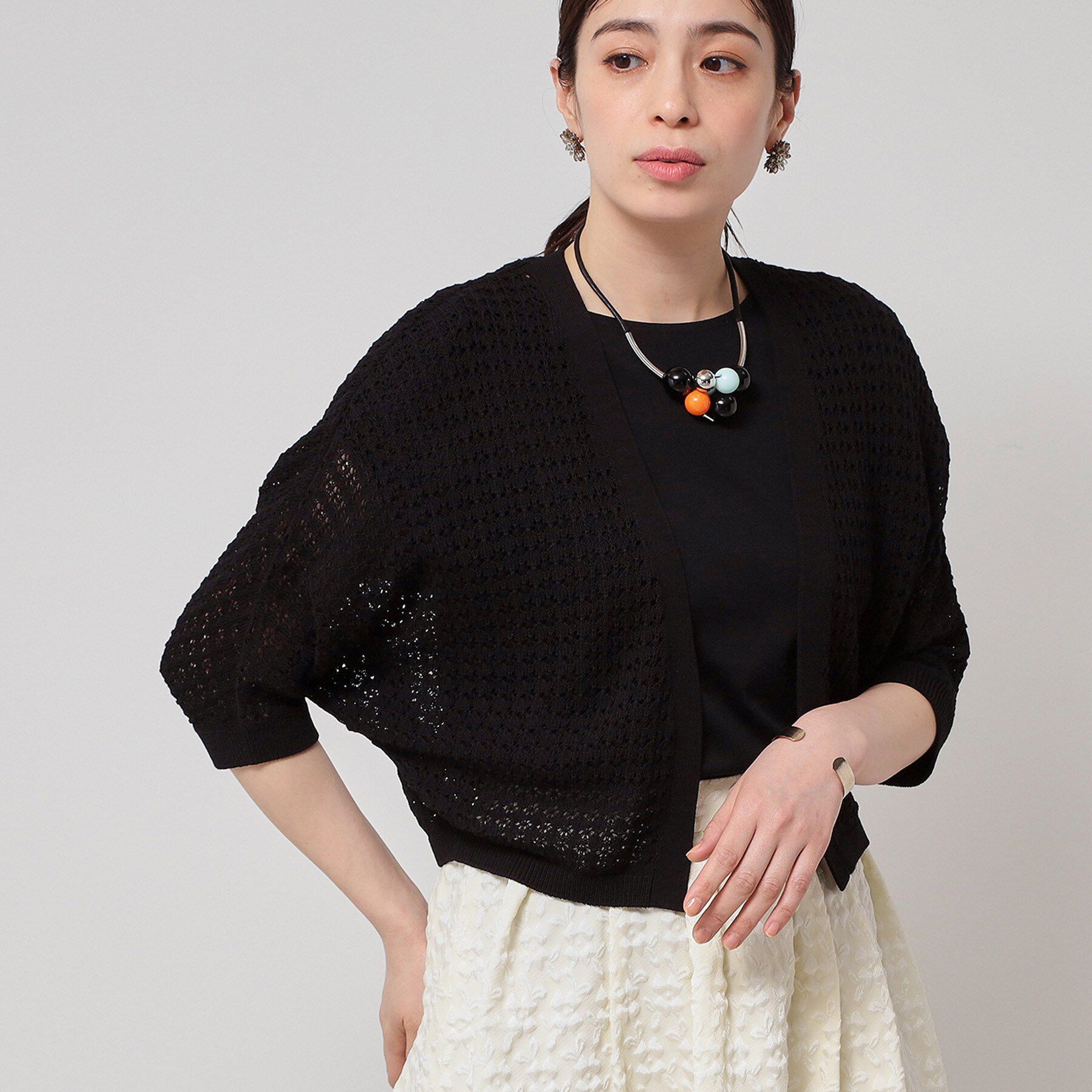 SunaUna「【SS～Lサイズ展開／透かし編み】ショート丈ボレロ」|カーディガン|ブラック(019)