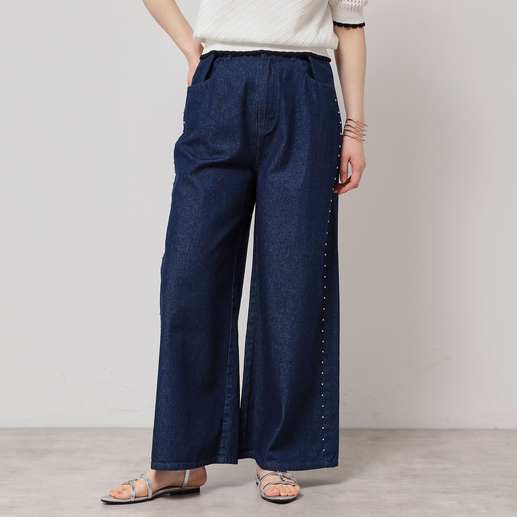 SunaUna「【脇ビジュー】ワイドデニム」|デニム|ネイビー(094)