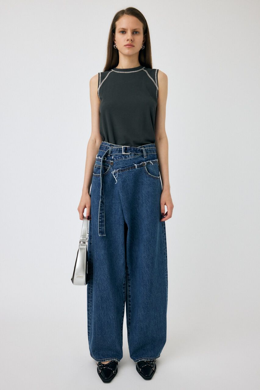 MOUSSY「FOLD WAIST WIDE STRAIGHT」|デニム|BLU