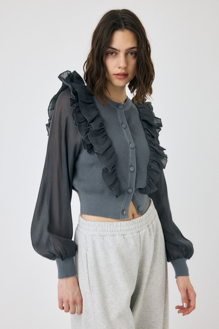 MOUSSY「WOVEN FRILLS カーディガン」|ニット・セーター|C.GRY