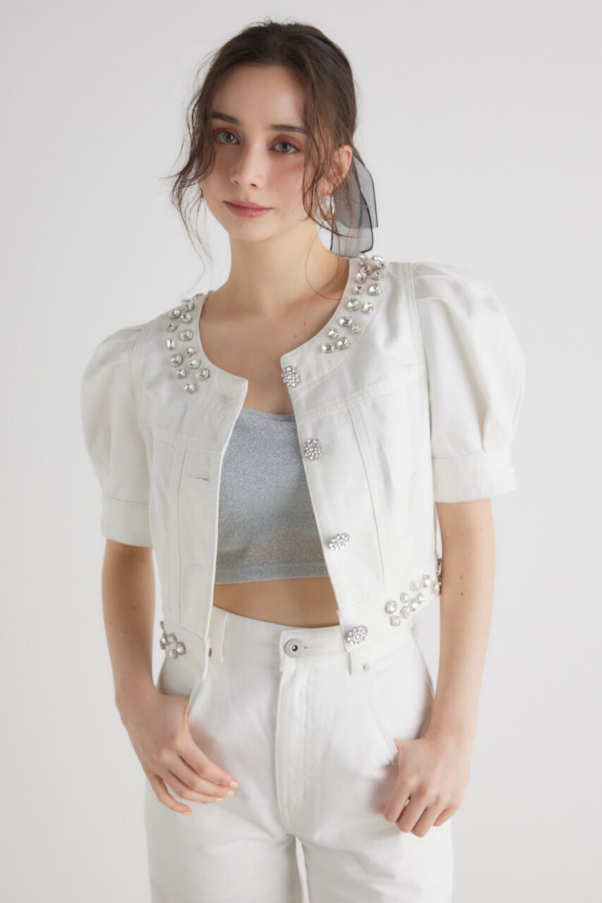 rienda「ノーカラービジューDENIM JK」|デニムジャケット|WHT