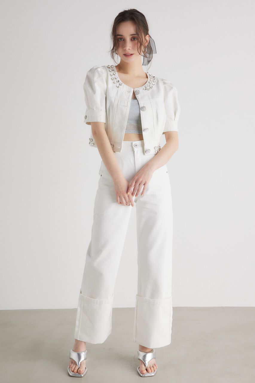 rienda「ノーカラービジューDENIM JK」|デニムジャケット|