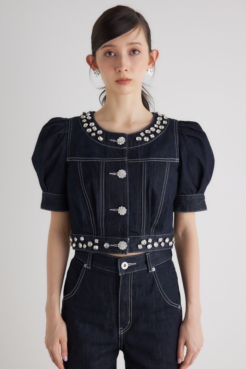 rienda「ノーカラービジューDENIM JK」|デニムジャケット|