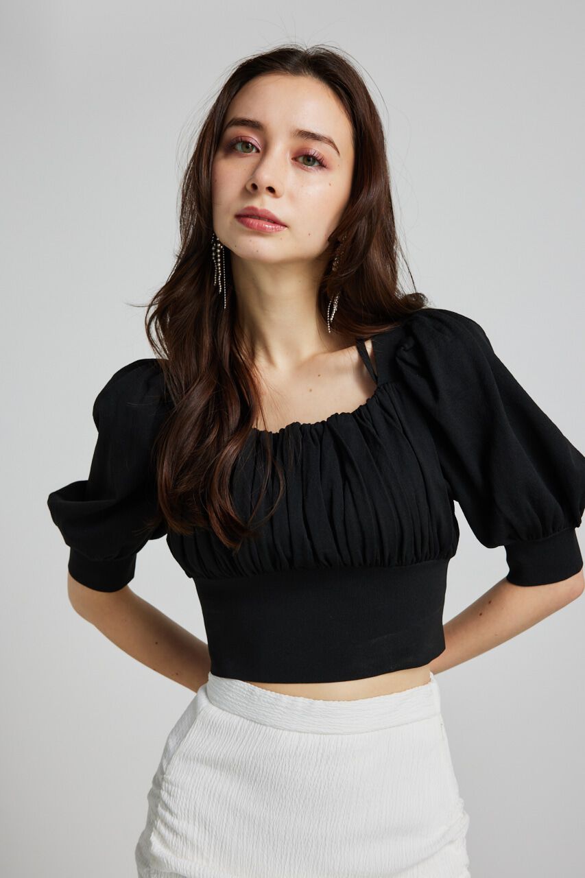 rienda「バストギャザークロップハーフSLV Knit TOP」|ニット・セーター|BLK