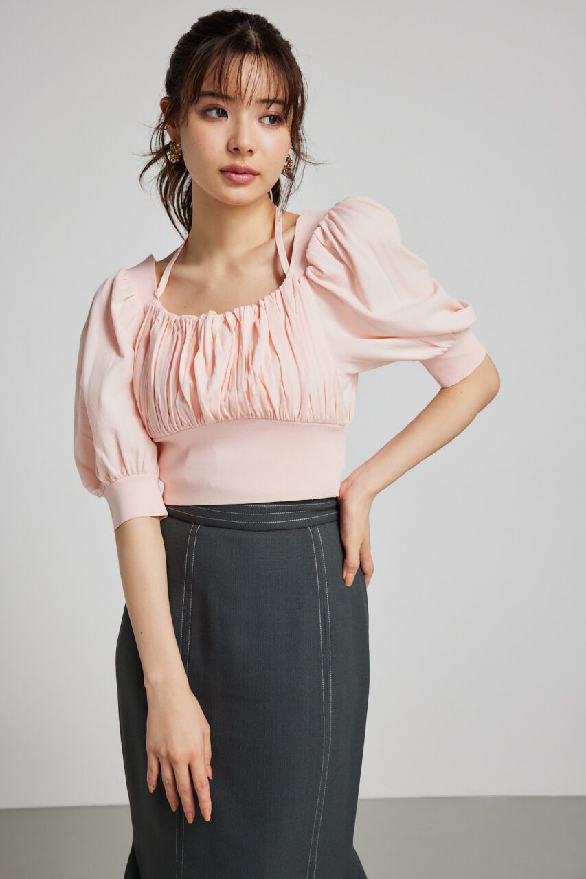 rienda「バストギャザークロップハーフSLV Knit TOP」|ニット・セーター|L/PNK1