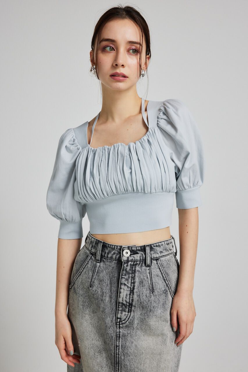 rienda「バストギャザークロップハーフSLV Knit TOP」|ニット・セーター|