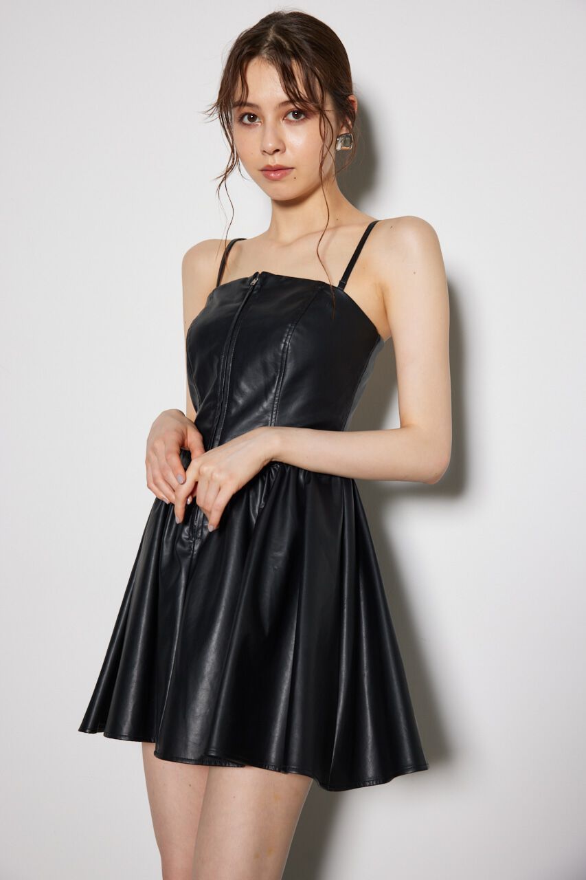rienda「ベアビスチェギャザーフェイクレザーフレアミニワンピース」|ワンピース|