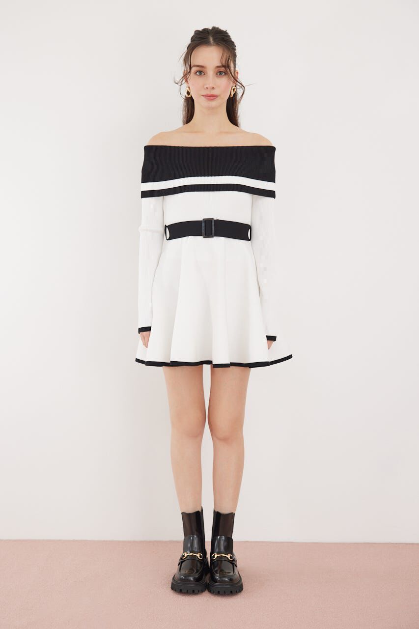 rienda「バイカラーオフショルフレアミニニットワンピース」|ワンピース|