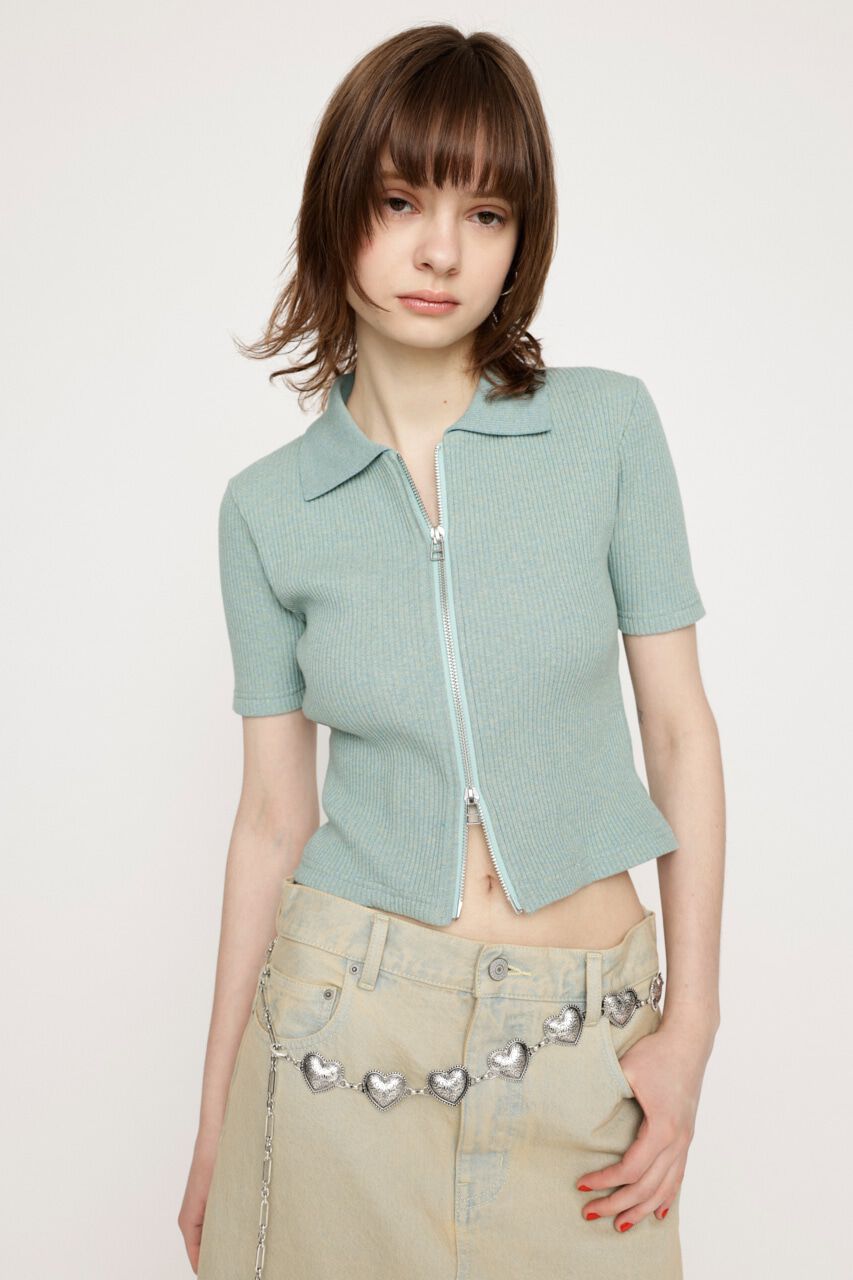 SLY「FRONT ZIP CUT RIB トップス」|Tシャツ・カットソー|M/BLU7
