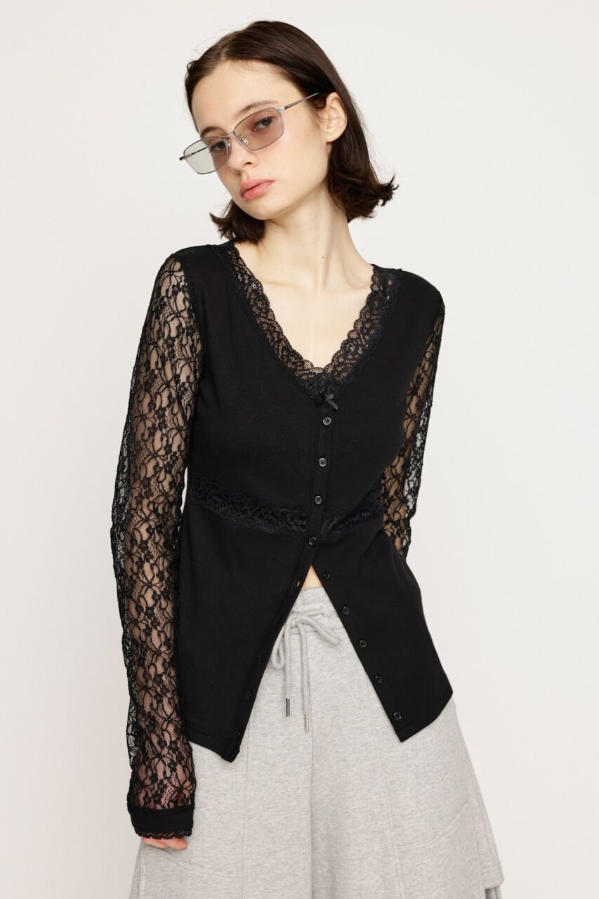 SLY「LACE RIB COMBI ブラウス」|Tシャツ・カットソー|BLK